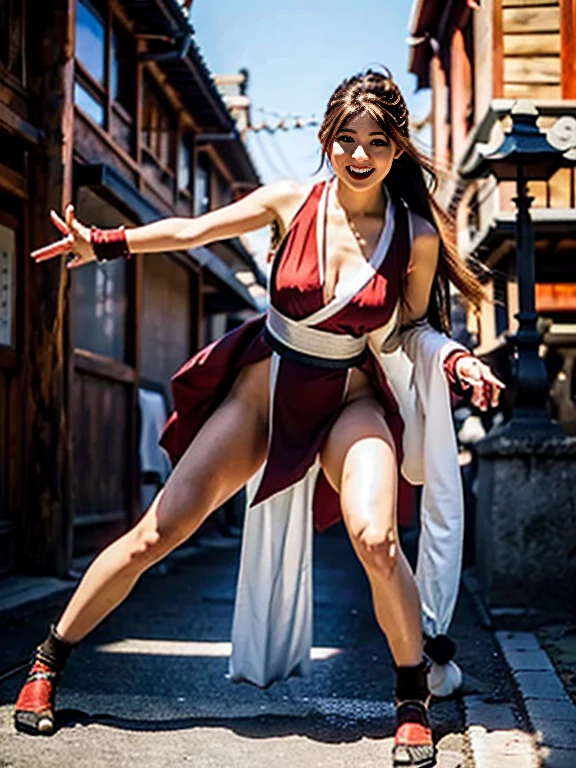 mai shiranui, Brown eyes, The whole body is reflected,The toes are visible,  Standing, Full body, prestige, Long hair, Brown hair, White ribbon, Sleeveless, poneyTail, sash, pelvis curtain, arm guards, mitts, tabi, fascinated expression, Sexy eyes, medium breasts, Smile, Cute, view the viewer, Long hair, Close to Japan temple, (breasts focus:1.2), (Realistic:1.2), (Full Shot: 1.2), (Realism), (masutepiece:1.2), (Best Quality), (ultra-detailliert), (8K, 4K, Convoluted), (85 mm), light Particle, Lighting, (Highly detailed:1.2), (Detailed face:1.2), (gradients), SFV, Colorful, (Detailed eyes:1.2), (Detailed temples of Japan: 1.2),(Detailed background), (Dynamic Angle:1.2), (Dynamic Pose:1.2), (Line of action:1.2), Wide Shot, Daylight, Solo.