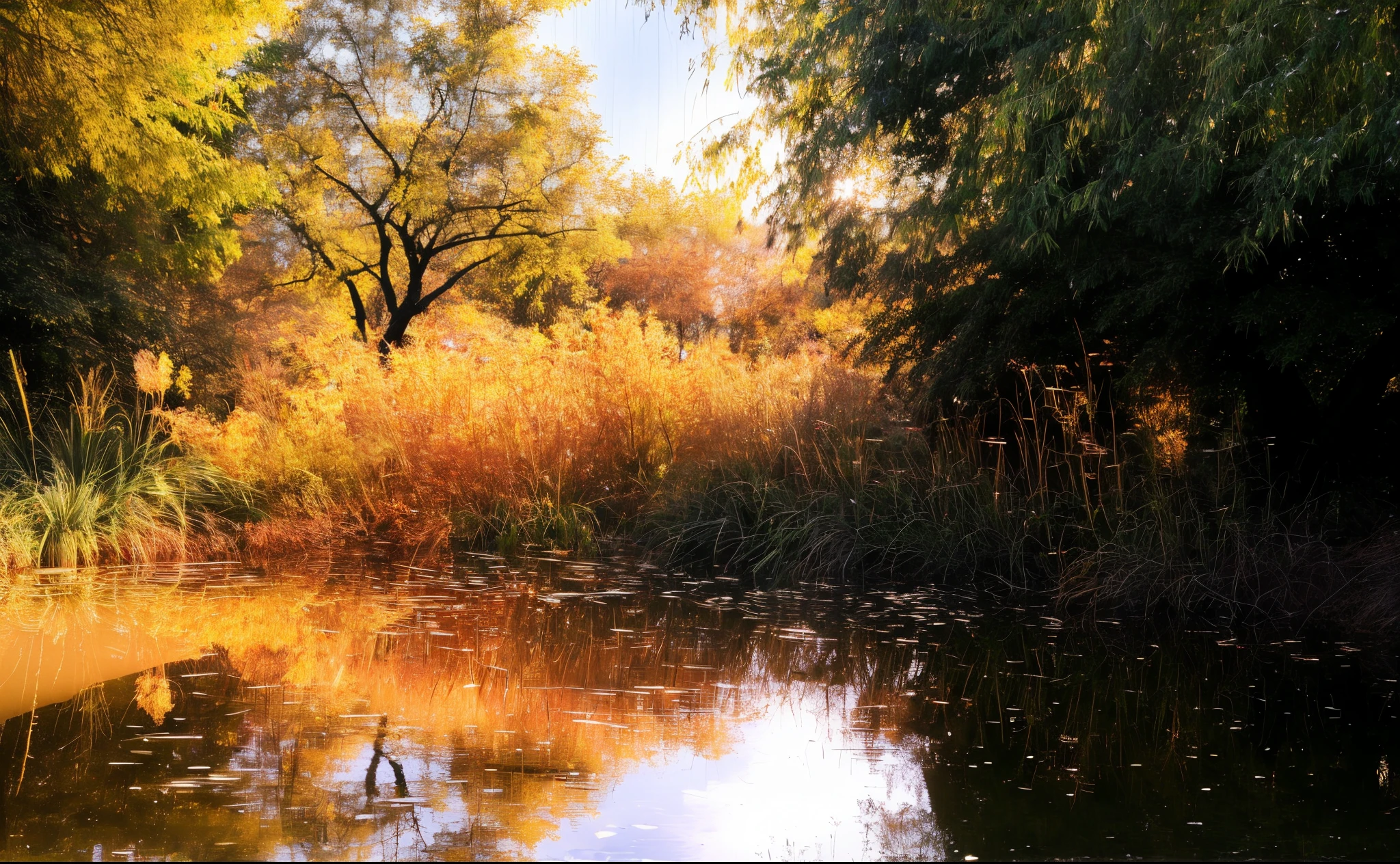 Trees and bushes reflected in pond water, Prime time in Beijing, The complexity of prime time, pond landscape, soft autumn sunlight, filter night light, ( golden time ), (golden time), soft film tone mapping, at sunset in autumn, golden filter, pond scene, Golden autumn, Small reeds behind the lake, in the golden hour, Reflectors