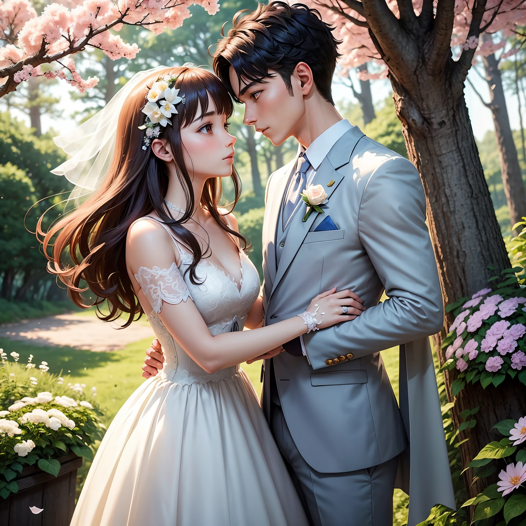 Generate a fairytale-style image featuring an anime character of a boy and a girl. The boy wears a delicate suit and the girl wears a gorgeous wedding dress. They are staring at each other, with loving expressions, or kissing. In the background is a dense forest and a clear sky with soft white clouds and colorful flowers blooming in the woods. In the appropriate places of the image, add "We are getting married" and "2023.07.07" in the form of WordArt