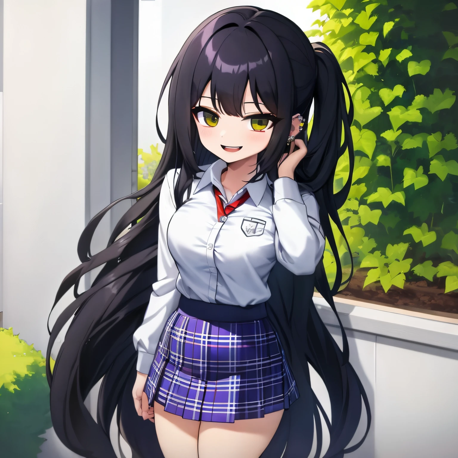 Young girl, black hair, assymetric hair, symetric bangs, student outfit, dark green plaid skirt, nose and ear piercings, purple highlights in hair, bulging eyes, happy expression, in one school, 4k, masterpiece, Anime, HD,