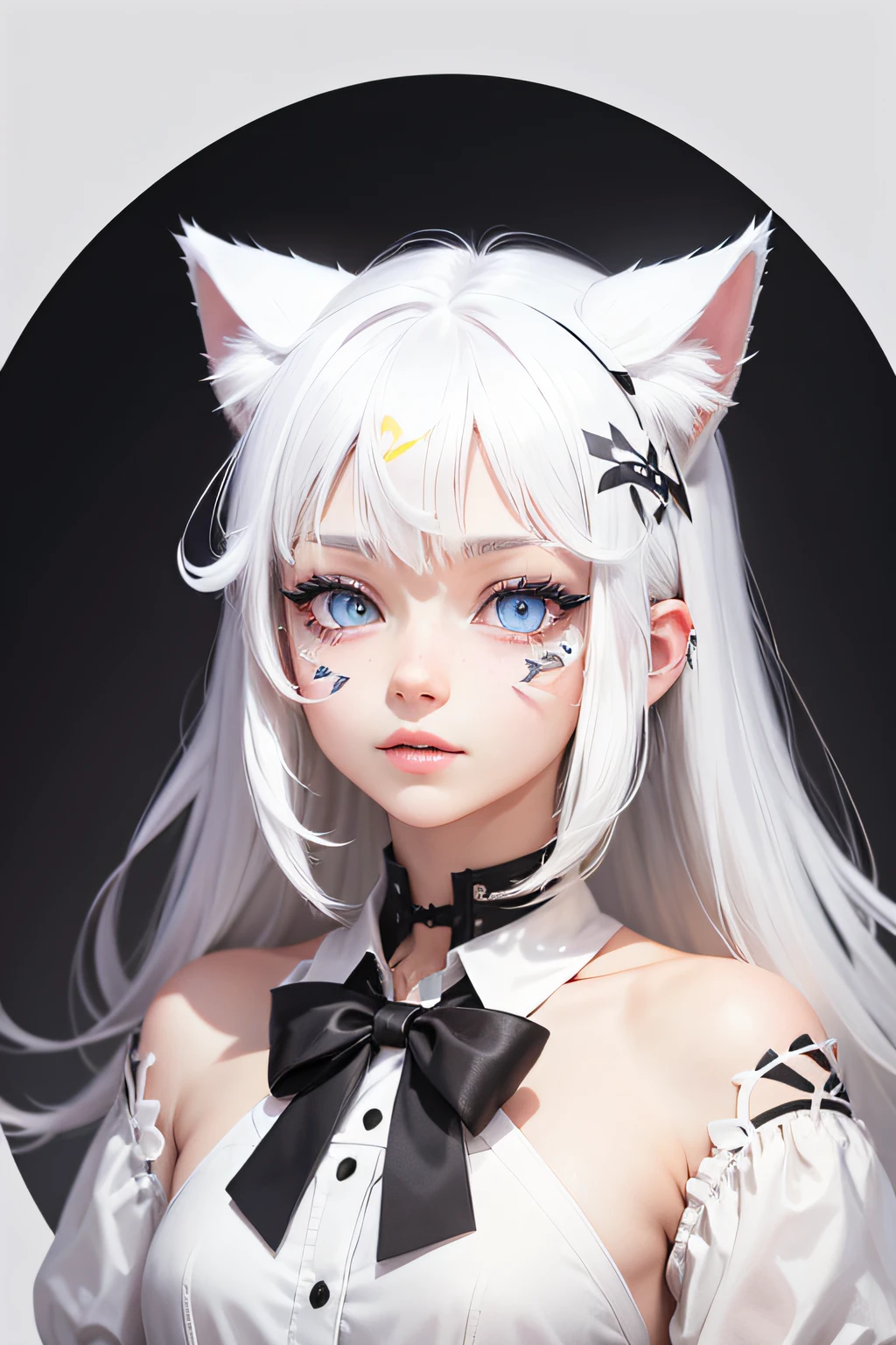 Garota sombria e malvada Garota sombria, com cabelos lisos e brancos e olhos azuis, com orelhas de gato, 3d realista, muito malvada