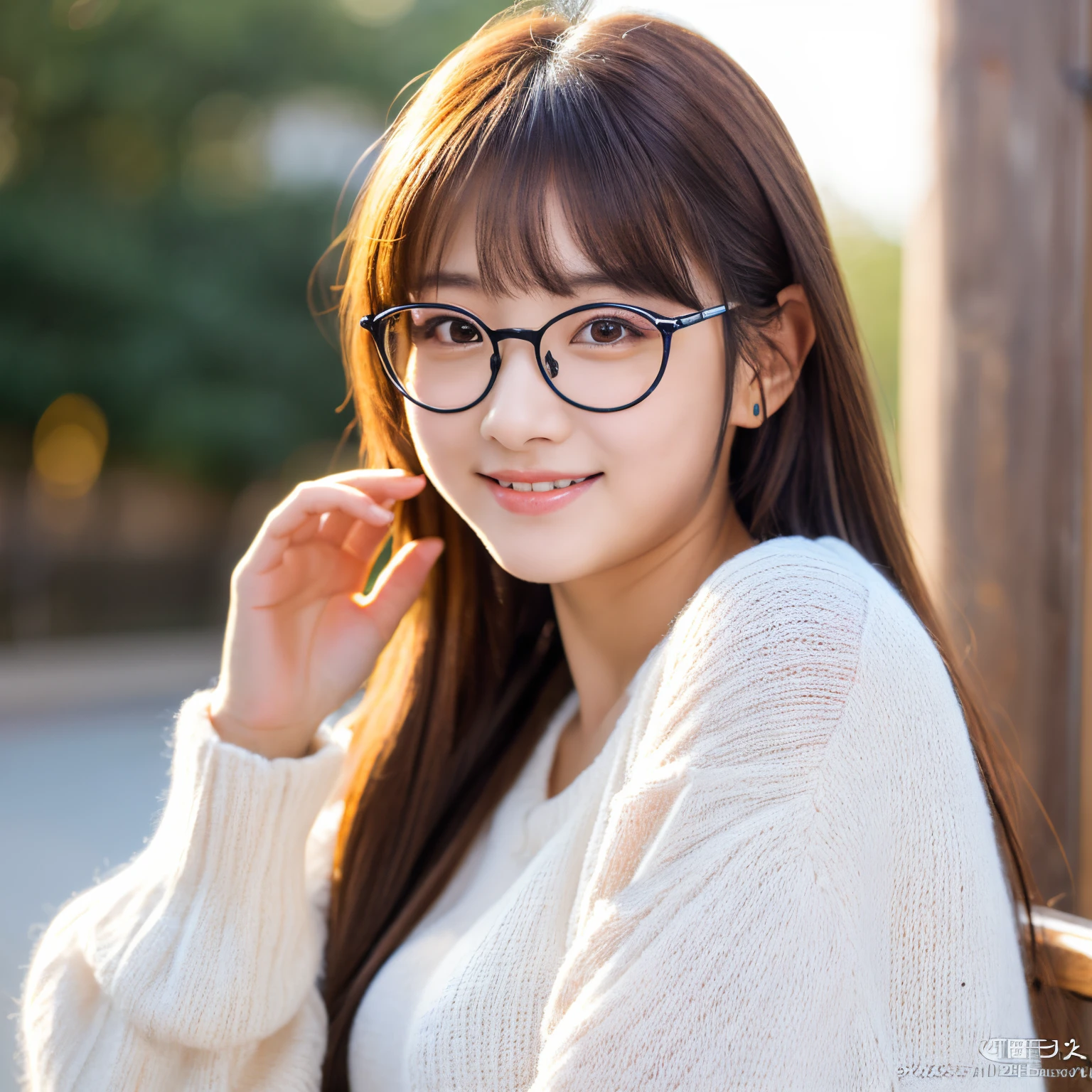 Best-quality, Masterpiece, Ultra-High-Resolution, (Photorealistic:1.4), Raw-Photo, Extremely-Details, Perfect-Anatomy, 1girl, 18-years-old, the most famous Japanese idol, ported, looking at viewer, hands on cheek, twinkle smile, wearing very tight white knitted-sweater and glasses with cute design, extremely cute face like a most popular Japanese idol, amazingly beautiful big black solid eyes, very beautiful black hair, very beautiful big breasts, detailed glasses with cute design