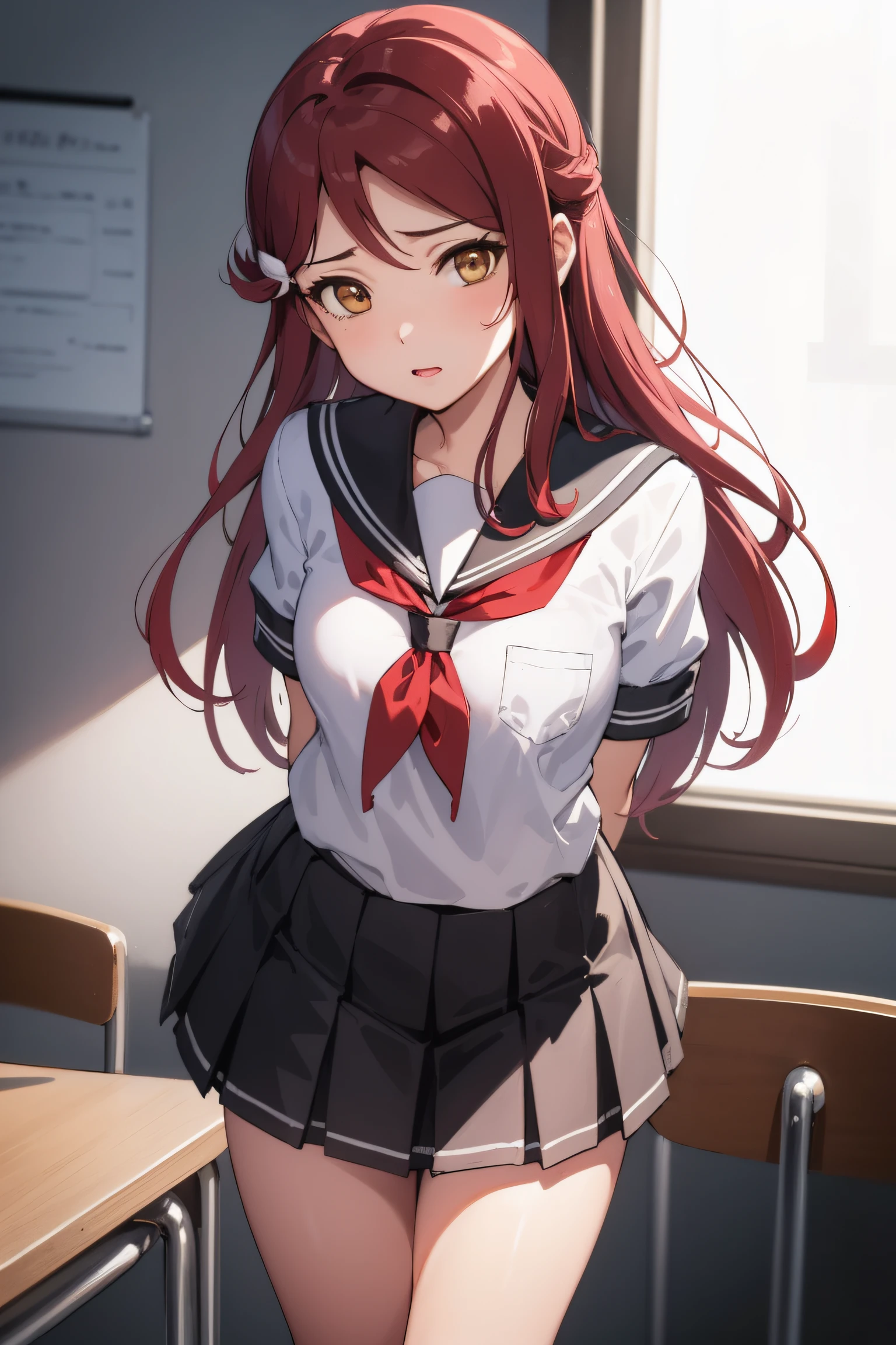 rikosakurauchi, riko sakurauchi, (brown eyes:1.5), hair between eyes, long hair, (red hair:1.5), (small breast:1.2), 
BREAK grey skirt, neckerchief, pleated skirt, red neckerchief, school uniform, serafuku, shirt, short sleeves, skirt, white shirt, uranohoshi school uniform,
BREAK looking at viewer, standing, (leaning forward:1.2), (arms behind back:1.2),
BREAK indoors, classroom, 
BREAK (masterpiece:1.2), best quality, high resolution, unity 8k wallpaper, (illustration:0.8), (beautiful detailed eyes:1.6), extremely detailed face, perfect lighting, extremely detailed CG, (perfect hands, perfect anatomy),