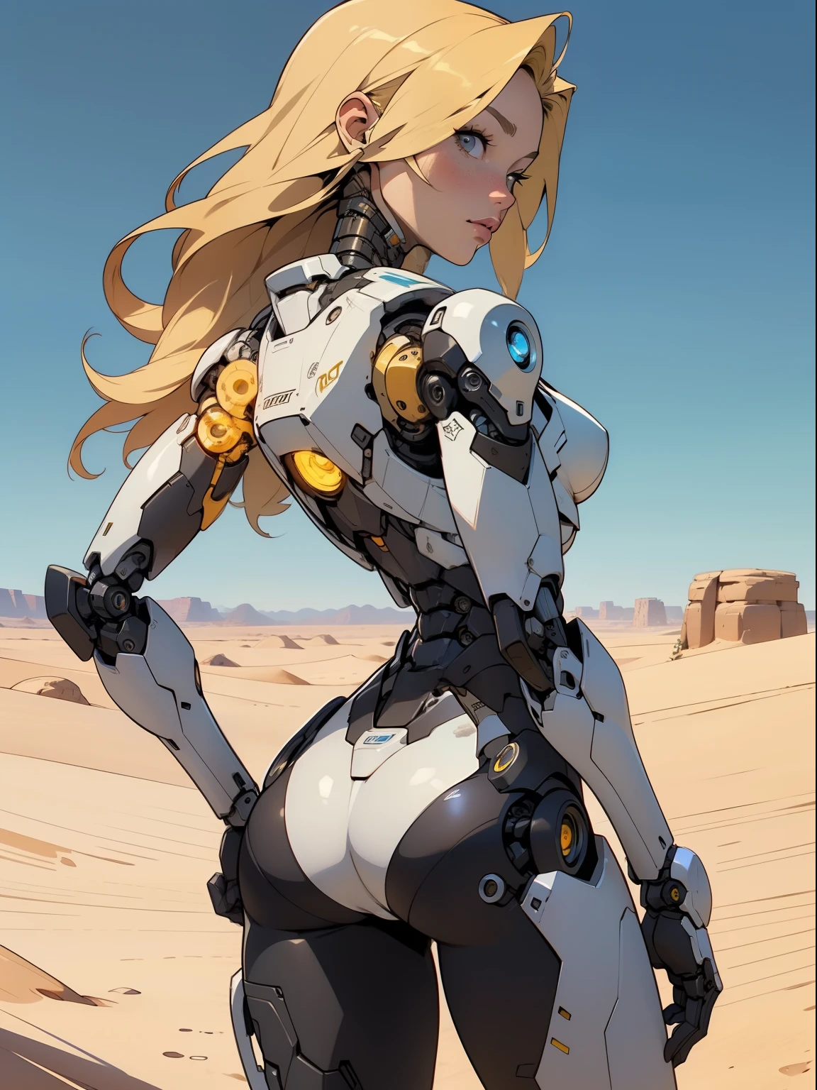 high quality, 4k, masterpiece, beautiful, cyborg girl, cowboy shot, dull eyes, back side, turning around to look at viewer, long blonde hair, girl, small breasts, fit thigh, robotic arms, robotic body, cyborg body, yellow accent, redaccent, intricate detail, joint, detailed lines, robotic detail, holding fist up, holding hand up as fist, color robotic parts, robotic parts with color, perfect fingers, on a desert planet, sunny background, colorful desert,