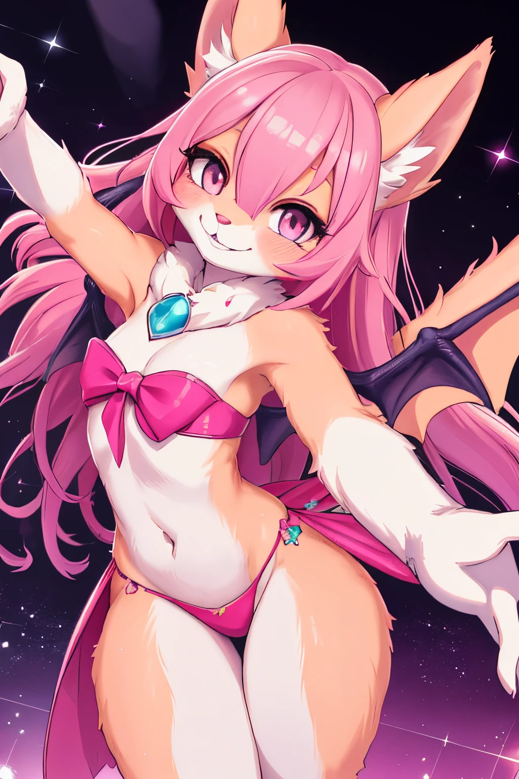 A charming and petite anthropomorphic female bat with wings dressed for the club. She has long and luxurious hair that is dyed in a neon pink color. She is swaying on the dance floor and inviting you to join her with a flirtatious smile and a wink. She is looking happy with dreamy brown eyes that sparkle with fun. The art should have an anime flair to it, with bright colors and flashy details. The point of view is from your perspective, as if you are watching her and feeling her charm.  bodyfur