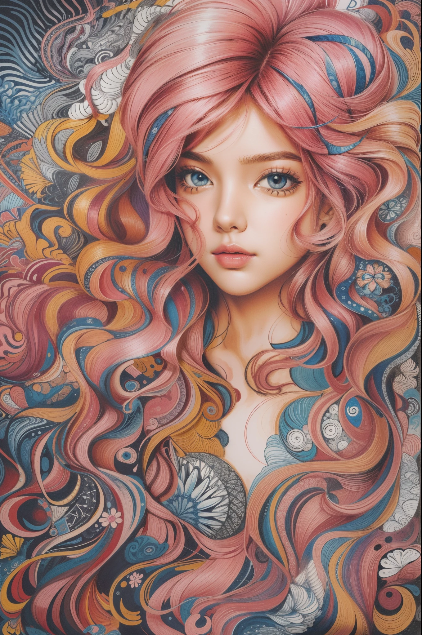 ((masterpiece:1.2, best quality)), ultra detailed, Ultra-precise depiction, Ultra-detailed depiction, (zentangle:1.2), (dynamic pose), (abstract background:1.5), wavy long hair, pink hair, 1girl, colorful, portrait, (from above:1.2)