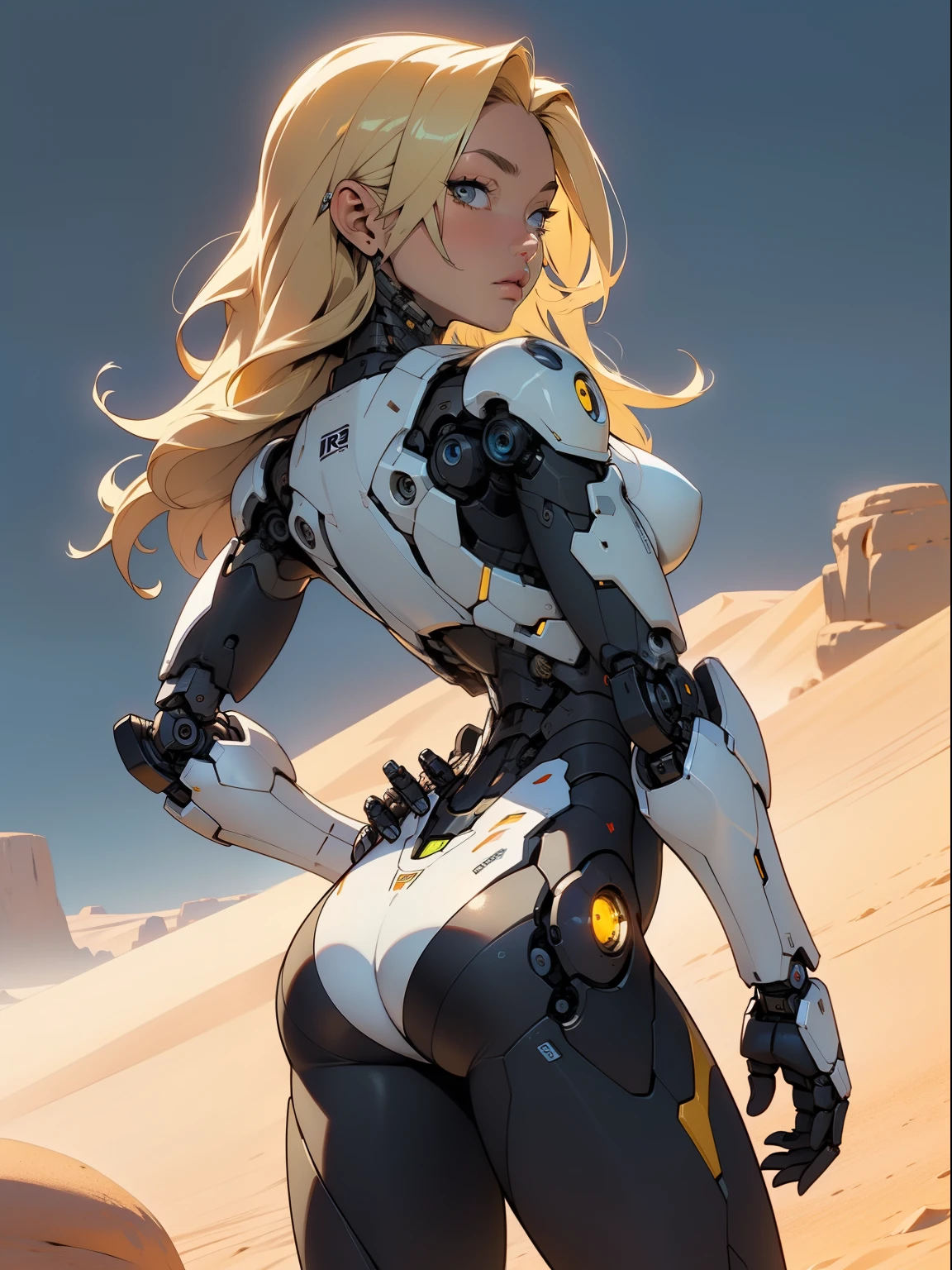 high quality, 4k, masterpiece, beautiful, cyborg girl, cowboy shot, dull eyes, back side, turning around to look at viewer, long blonde hair, girl, small breasts, fit thigh, robotic arms, robotic body, cyborg body, yellow accent, red accent, intricate detail, joint, detailed lines, robotic detail, 1fist on hip, color robotic parts, robotic parts with color, perfect fingers, on a desert planet, sunny background, colorful desert,