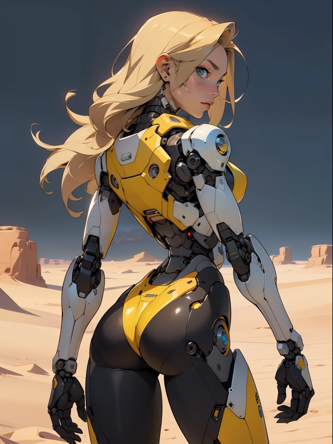 high quality, 4k, masterpiece, beautiful, cyborg girl, cowboy shot, dull eyes, back side, turning around to look at viewer, long blonde hair, girl, small breasts, fit thigh, robotic arms, robotic body, cyborg body, yellow accent, redaccent, intricate detail, joint, detailed lines, robotic detail, holding fist up, holding hand up as fist, color robotic parts, robotic parts with color, perfect fingers, on a desert planet, sunny background, colorful desert,