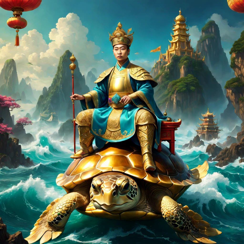 a chinese emperor  sitting on a turtle, in the style of epic fantasy scenes, seapunk, golden age aesthetics, 8k, samikshavad, lively seascapes, grandeur of scale, in the style of photorealistic renderings, celtic art, 8k, samikshavad, epic, fantastical street, indian traditions, in the style of enchanting realms, john wilhelm, thai art, grandeur of scale, lively seascapes, animated illustrations, 8k, in the style of golden age aesthetics, photorealistic renderings, samikshavad, adonna khare, neo geo, hieratic visionary, captivating