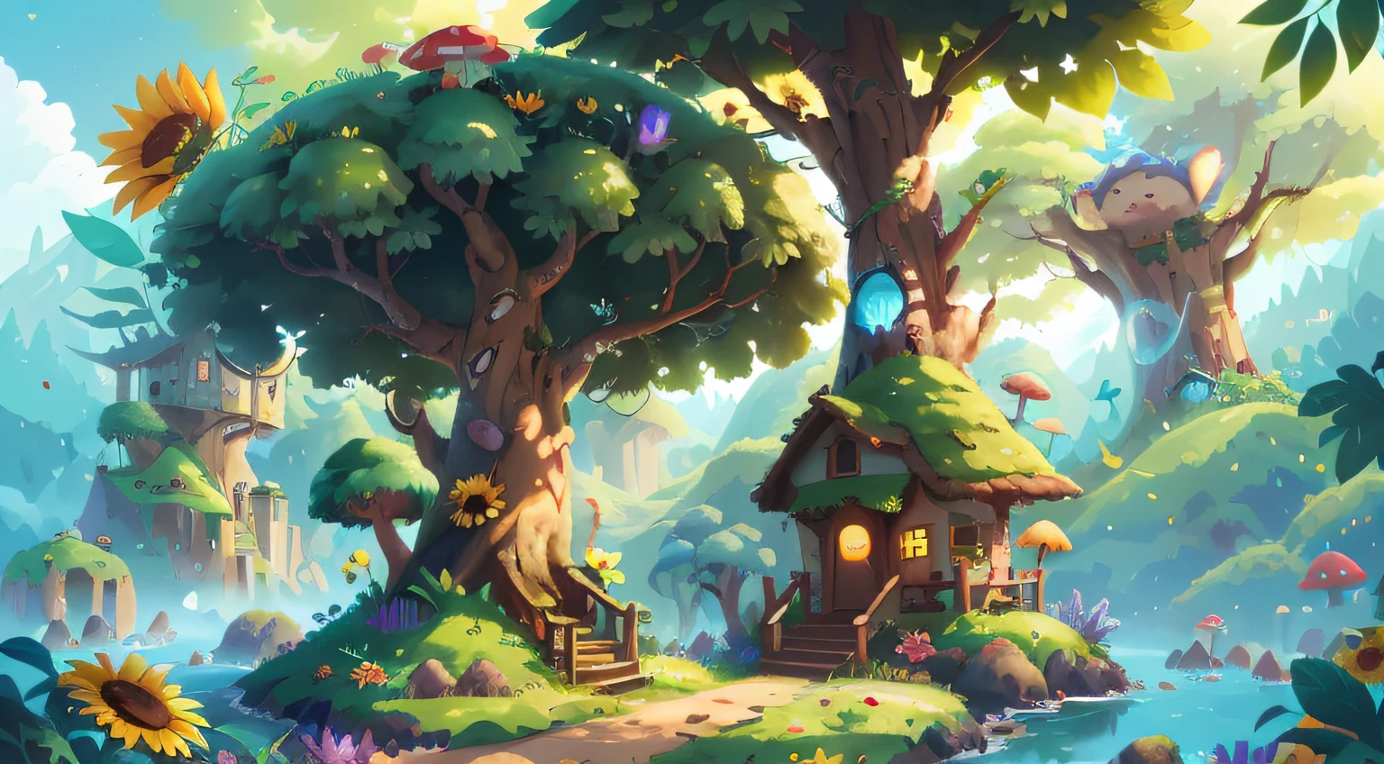 (super wide shot),(Best masterpiece),8K,Light up the colorful mushroom forest,Fine matte paint,夏天,Seafront,Rios,tree house,sunflower fields,lavender,mountain ranges,mountain peaks,big trees,Densely wooded,The leaves are green and dripping,The stream is gurgling。The visual effect is very beautiful,full of sunlight。