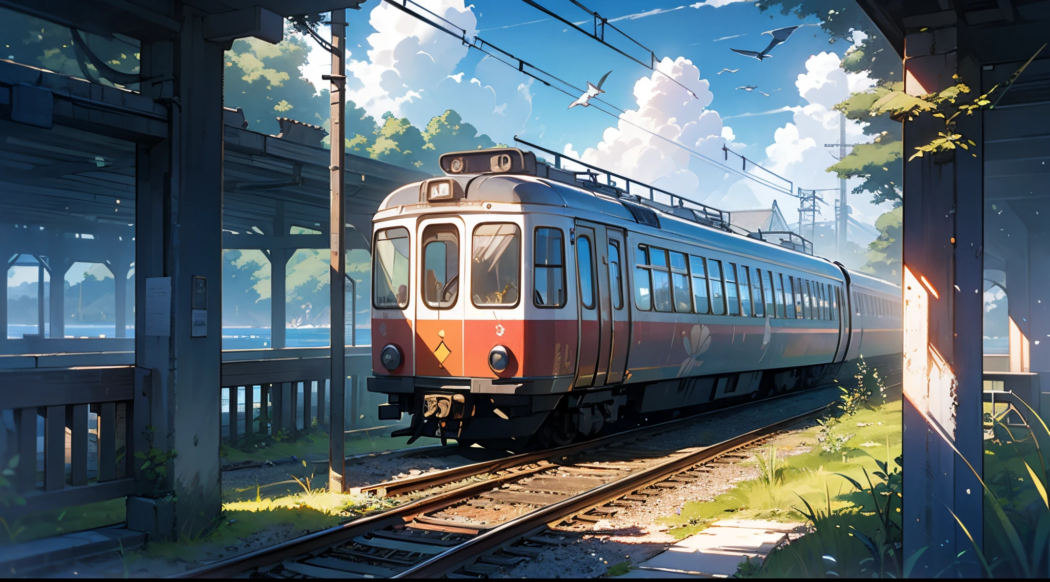 (Masterpiece:1.2), background art, train cross the stations over the sea, station above the sea, beautiful sea, sky, cloud, bird, magical train, classic, moss, fantasy word, beautiful scenery, no human, ray tracing, global illumination, (extremely detailed CG unity wallpaper: 1.2)