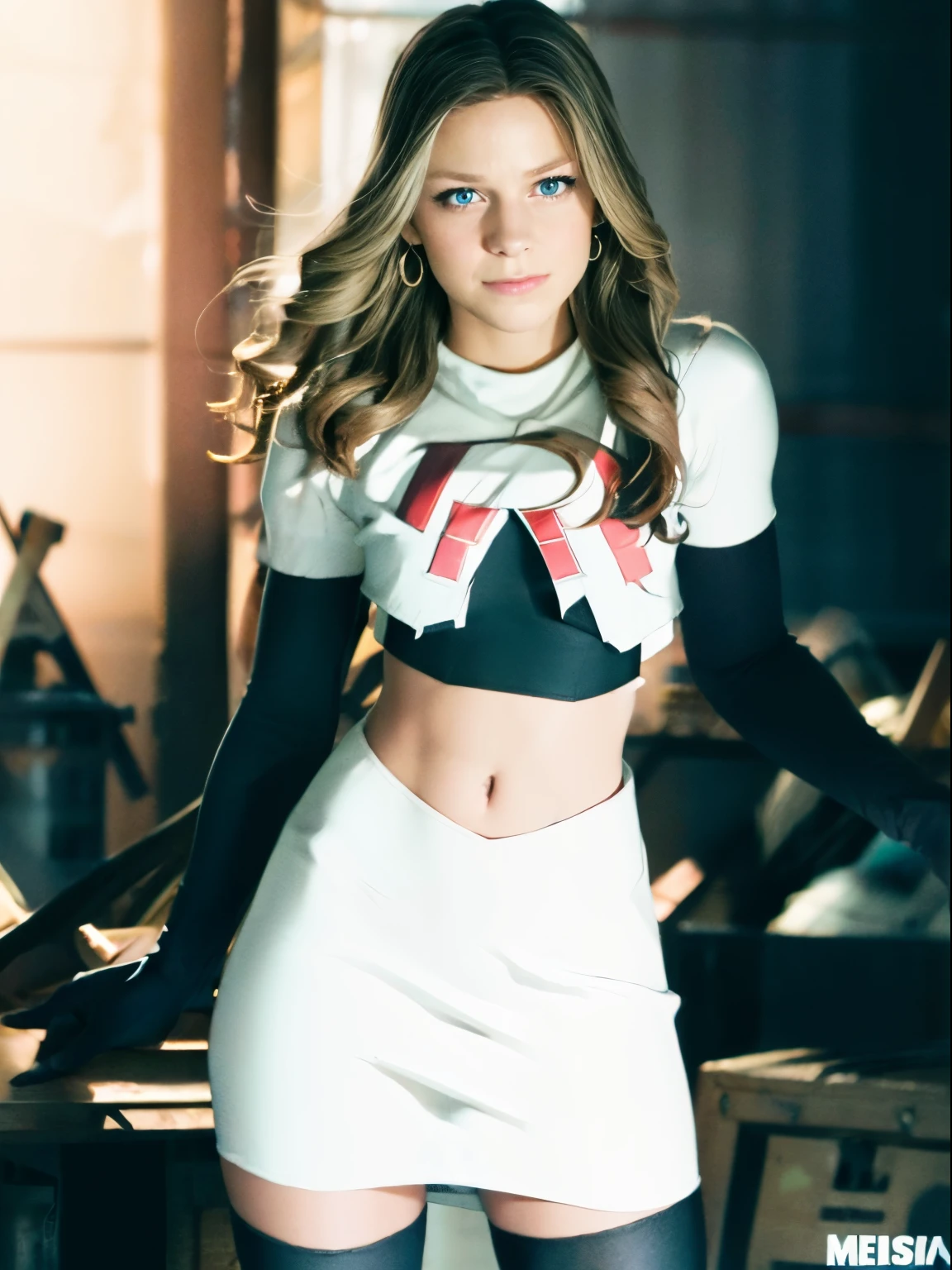 face of melissa benoist, 1girl,team rocket,team rocket uniform, red letter R, white skirt,white crop top,black thigh-highs,black elbow gloves