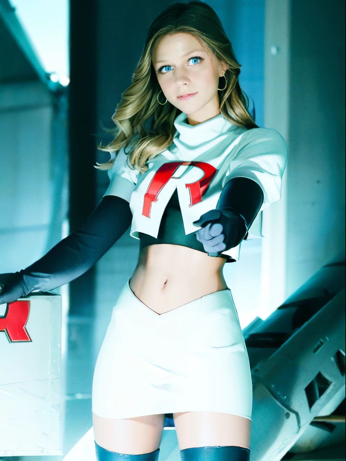 face of melissa benoist, 1girl,team rocket,team rocket uniform, red letter R, white skirt,white crop top,black thigh-highs,black elbow gloves