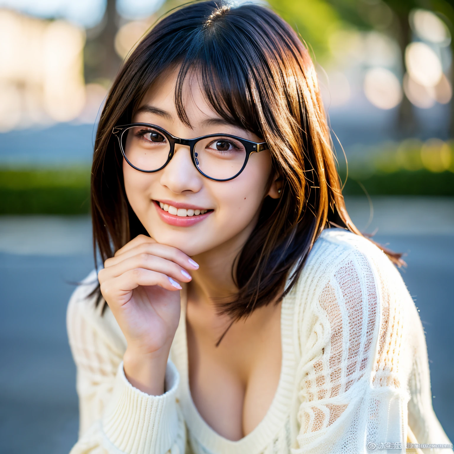 Best-quality, Masterpiece, Ultra-High-Resolution, (Photorealistic:1.4), Raw-Photo, Extremely-Details, Perfect-Anatomy, 1girl, 18-years-old, the most famous Japanese idol, ported, looking at viewer, hands on cheek, twinkle smile, wearing very tight white knitted-sweater and glasses with cute design, extremely cute face like a most popular Japanese idol, amazingly beautiful big black solid eyes, very beautiful black hair, very beautiful big breasts, detailed glasses with cute design