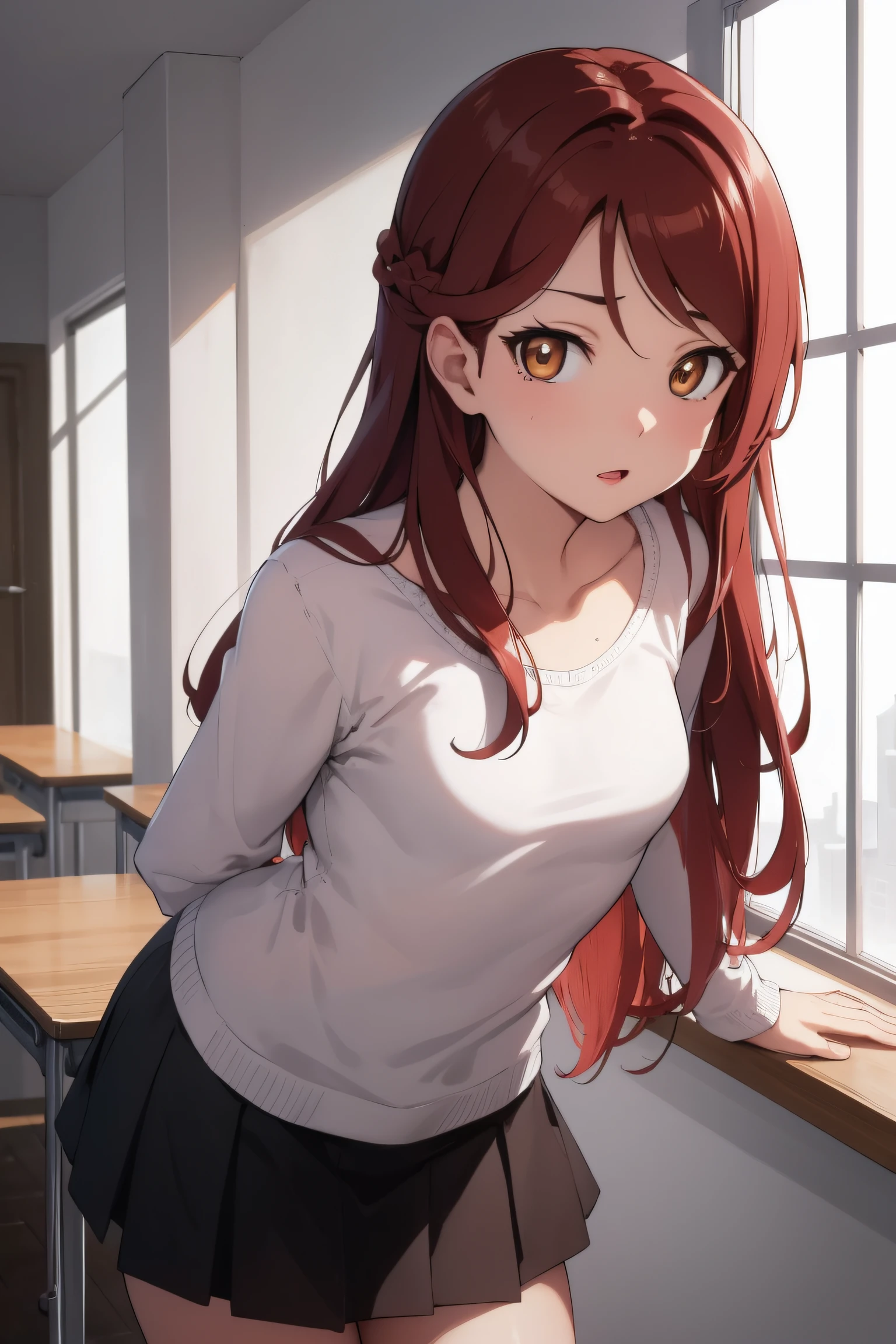 rikosakurauchi, riko sakurauchi, (brown eyes:1.5), hair between eyes, long hair, (red hair:1.5), (small breast:1.2), 
BREAK casual clothes, (skirt),long sleeves,closed clothes,
BREAK looking at viewer, standing, (leaning forward:1.2), (arms behind back:1.2),
BREAK indoors, classroom, 
BREAK (masterpiece:1.2), best quality, high resolution, unity 8k wallpaper, (illustration:0.8), (beautiful detailed eyes:1.6), extremely detailed face, perfect lighting, extremely detailed CG, (perfect hands, perfect anatomy),