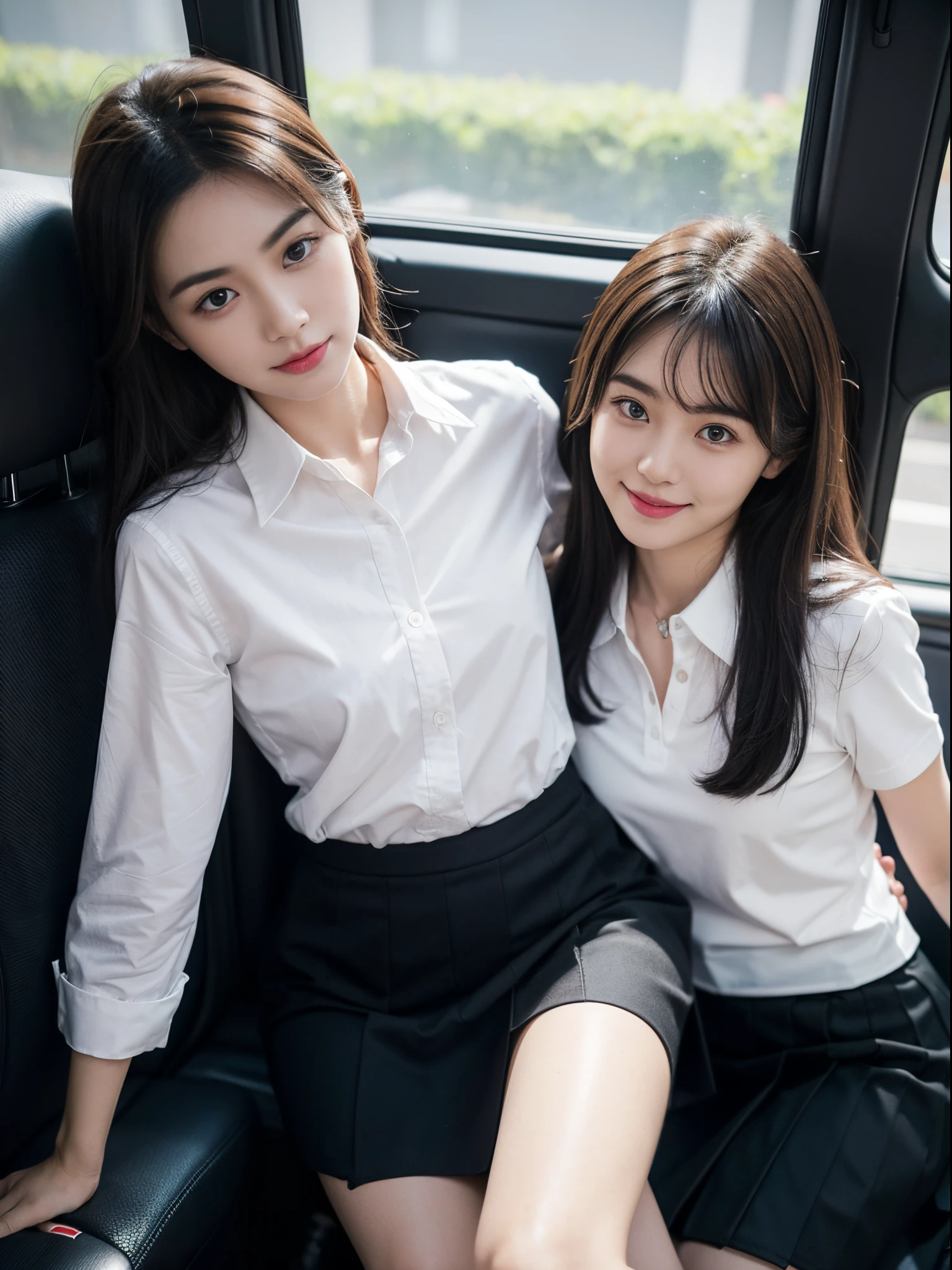 White student shirt, black short skirt,Thailand student uniform,Focus on eye details,black skirt,sitting on the bus,happy face,Both legs are close together,Turn your face towards the car window,Beautiful, long legs,Not looking at the camera,small legs,Asian girl,white skin,Korean girl with white skin,Turn your face towards the window.