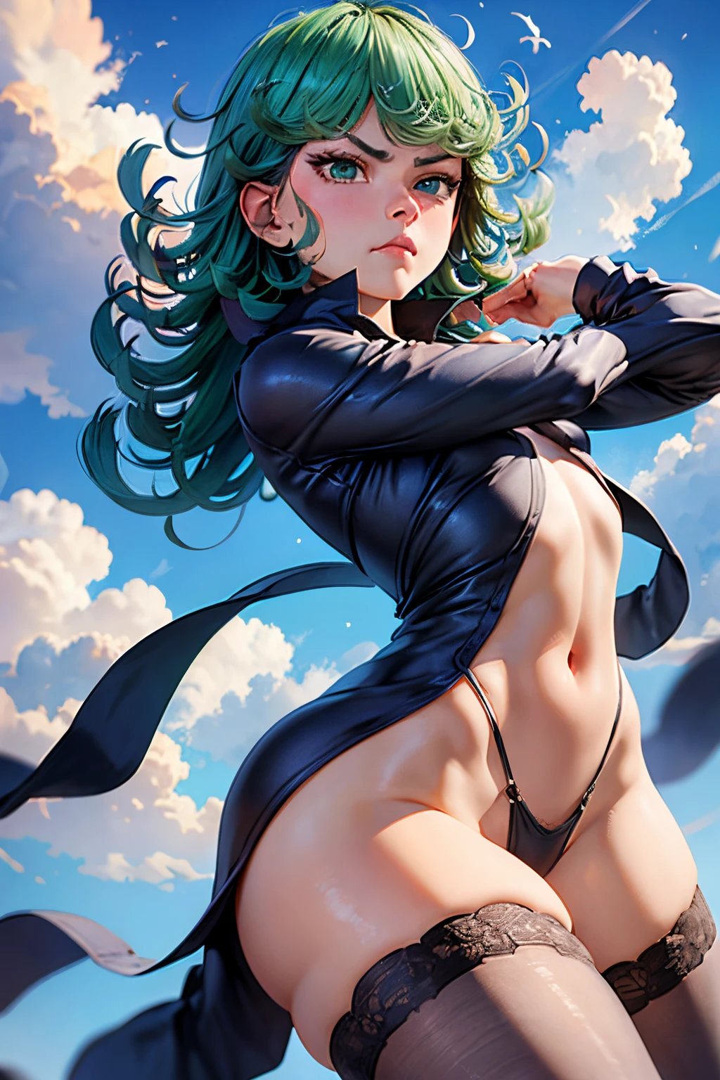 (masterpiece, best quality: 1.2), cowboy shot, solo, 1girl, (tatsumaki), angry, mouth shut, looking at the viewer, arms crossed, black dress, blue sky, clouds, wide hip, thick thighs, defined body, perfect beautiful body, perfect beautiful ass, micro white panties insert in the crotch.