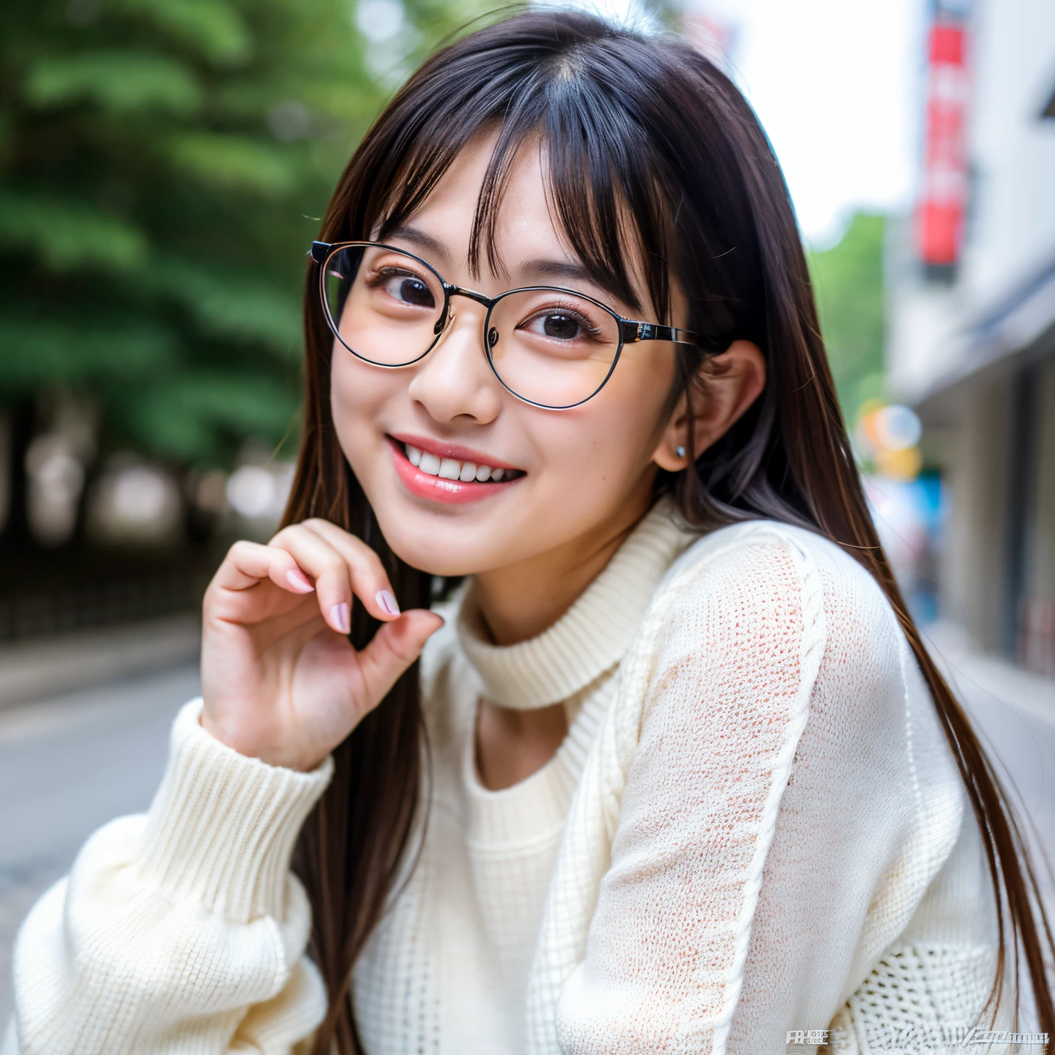 Best-quality, Masterpiece, Ultra-High-Resolution, (Photorealistic:1.4), Raw-Photo, Extremely-Details, Perfect-Anatomy, 1girl, 18-years-old, the most famous Japanese idol, ported, looking at viewer, hands on cheek, twinkle smile, wearing very tight white knitted-sweater and glasses with cute design, extremely cute face like a most popular Japanese idol, amazingly beautiful big black solid eyes, very beautiful black hair, very beautiful big breasts, detailed glasses with cute design