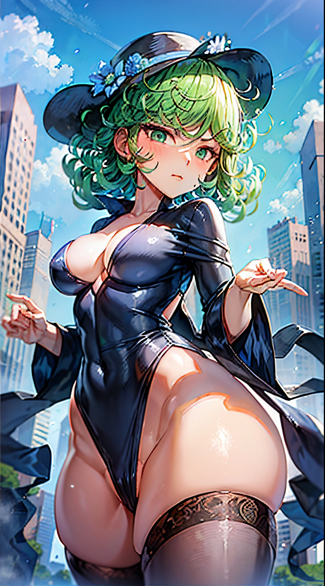 (masterpiece, best quality:1.2), cowboy shot, solo, 1girl, tatsumaki, lustful, closed mouth, looking at the viewer, ass, wide hips, black dress, blue sky, clouds, erotica