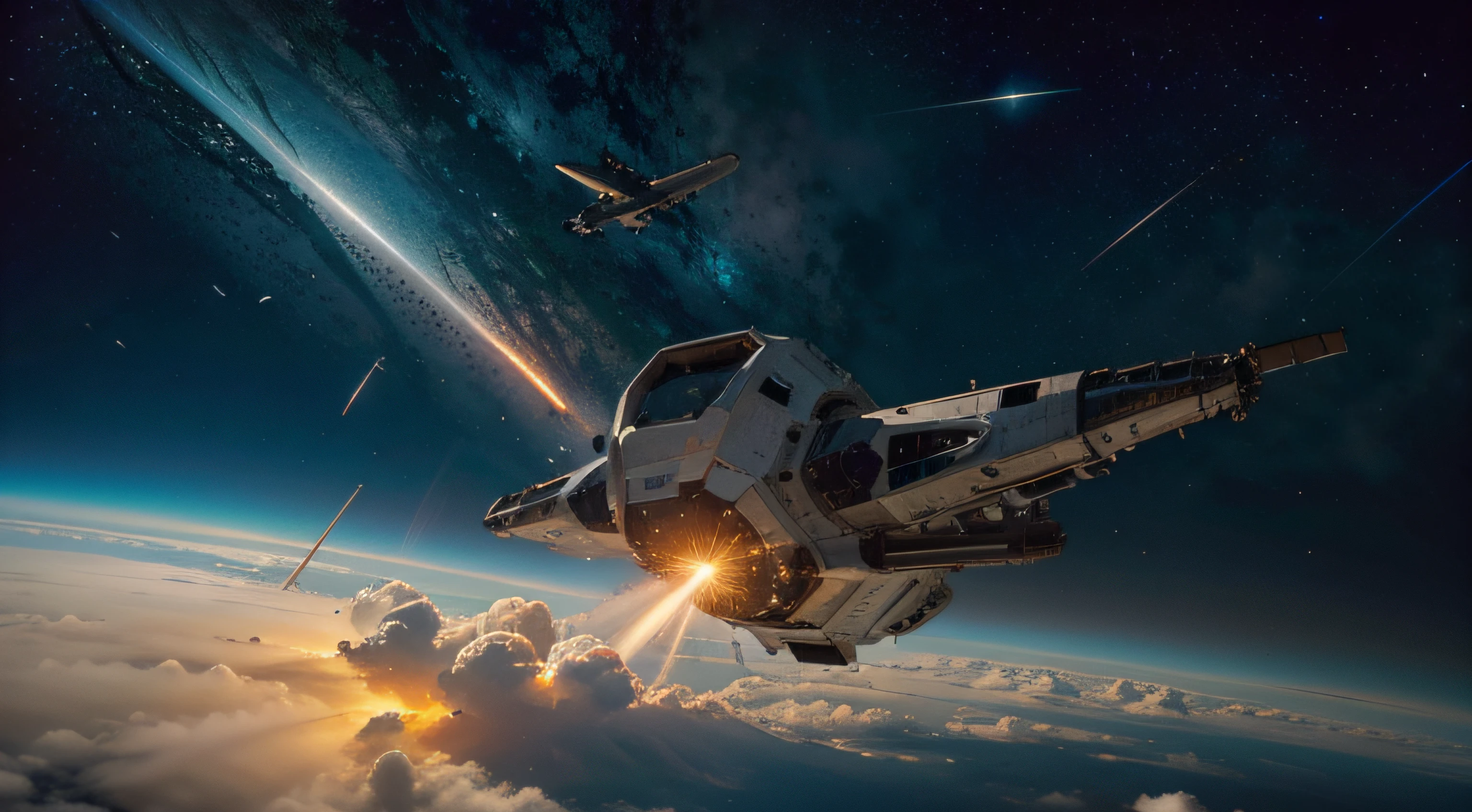 Spaceship explosion, damage in space, realistic details, hyper-realism, bright picture, ultra-wide angle, bird's-eye view, high reality, light and dark