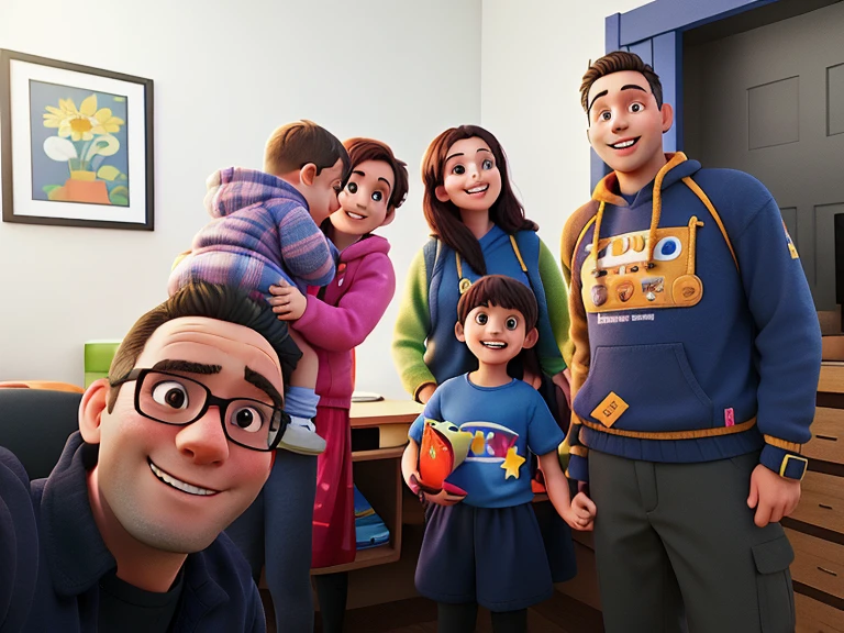 A group of people 4 adults and 2 children happy in a bright place