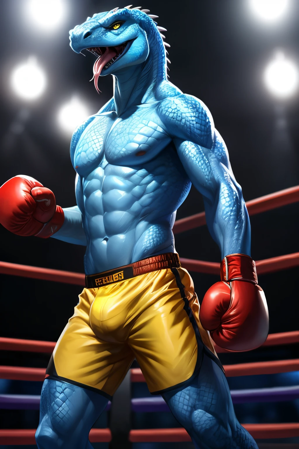 a detailed picture of a male anthro, slim body, in a boxing ring, Ross Tran, ruan jia, trending on artstation, foxovh, (intense expression, forked tongue), ((wearing yellow boxing shorts)), monitor lizard, light blue scales,
