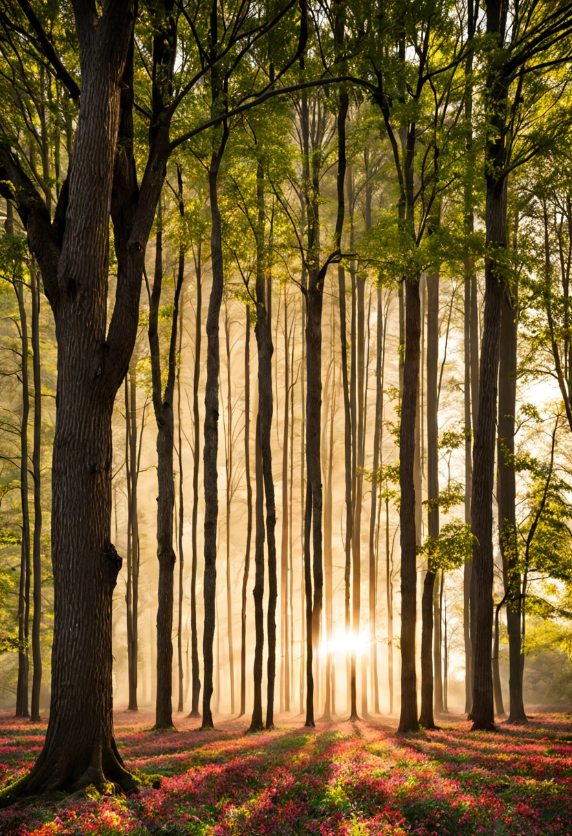 Lugar afastado e lindo, campo, com grandes arvores, e o sol passando pelas folhas