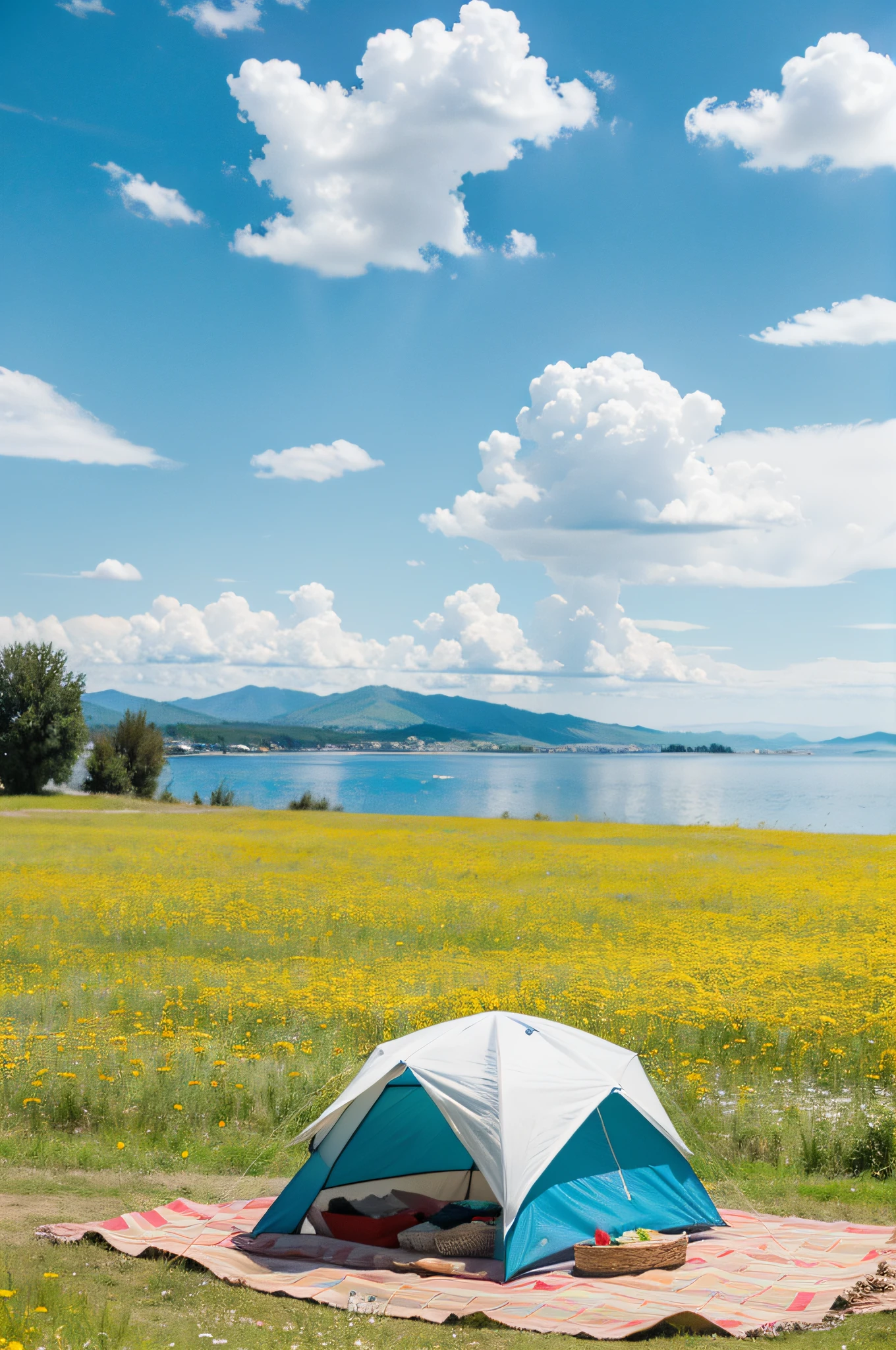 Picnic, turkey, Thanksgiving, tent, blue sky and white clouds, grassland