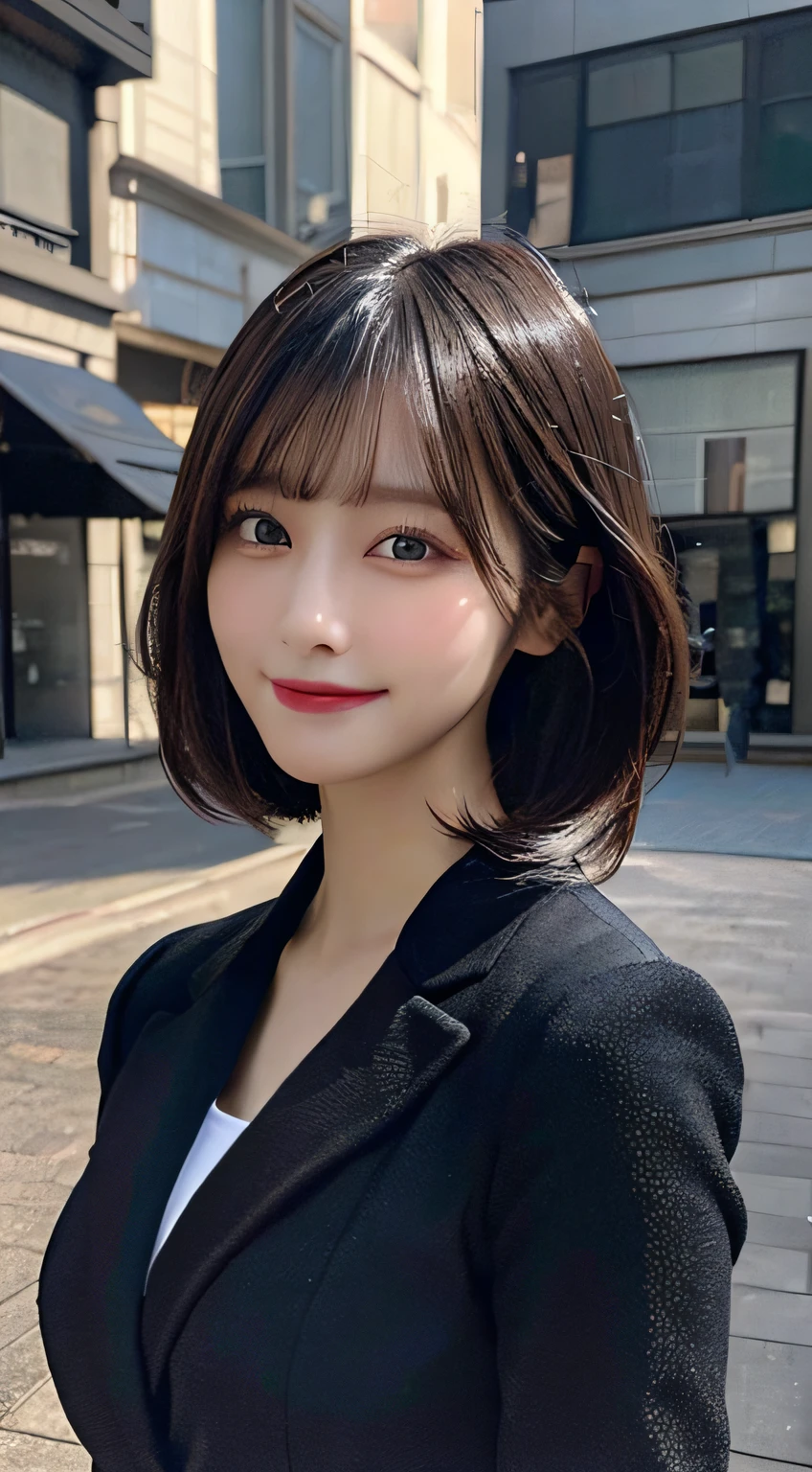 Best Quality, Real Stick, Ultra-detailed, finely detail, hight resolution, in 8K、Wallpaper, Perfect dynamic composition, Beautiful detailed eyes, Black jacket, Bob Hair, Medium hair, Bangs, A dark-haired, mid-chest, Natural Color Lip, Body orientation is front,Smile,Tower Mansion