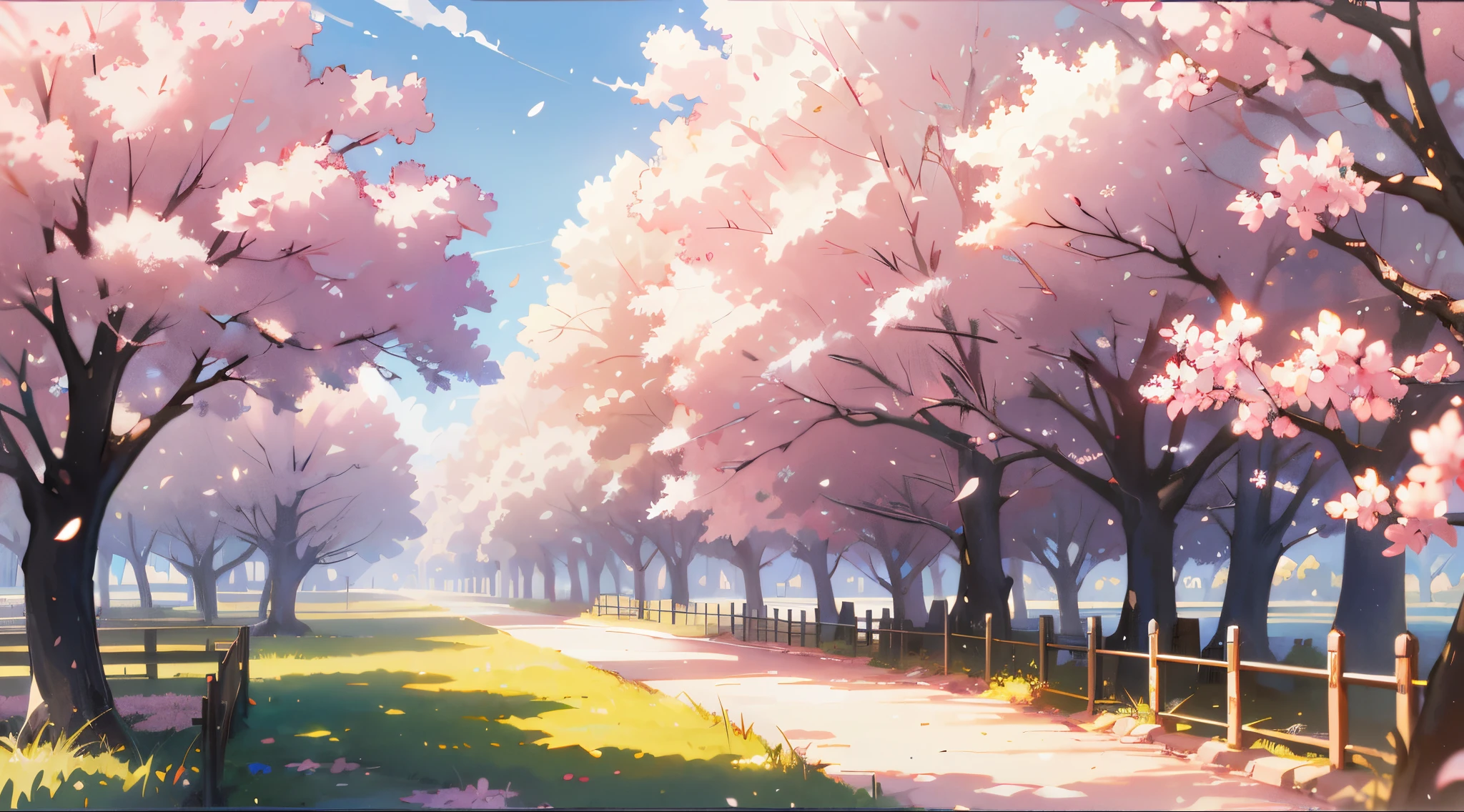 Pink cherry blossom tree，grassy fields，Anime background art，Relaxing concept art，Anime landscape concept art，immensely detailed scene，A beautiful artistic illustration，Detailed view — width 672，Ghibli Studio Environment，highly detailed scenario，Environmental design illustration，beautiful anime scenes，In Studio Ghibli style，Anime landscapes，Detailed soft painting，Environmental painting
