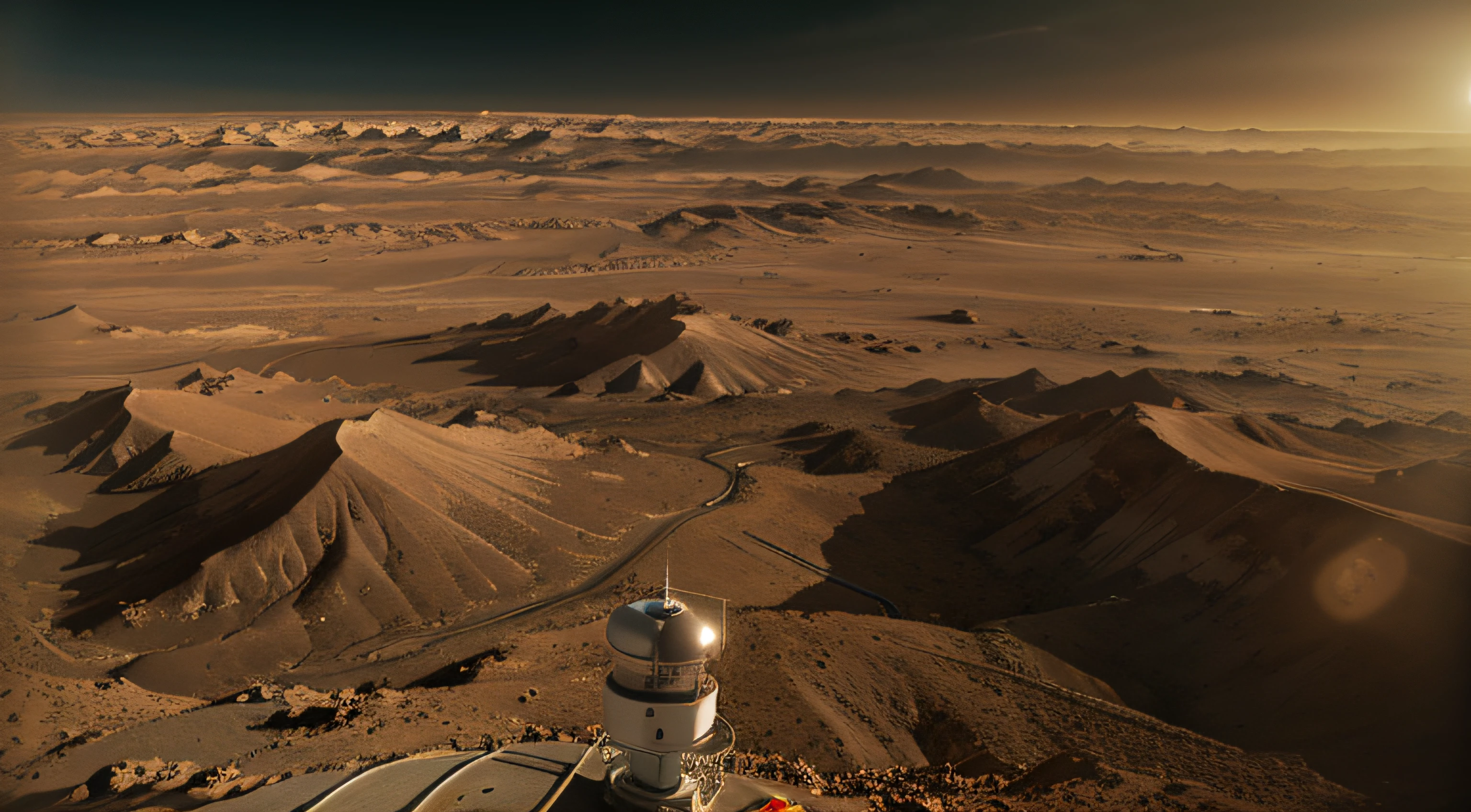 Mars weather station, lifelike details, ultra-realistic, bright picture, ultra-wide angle, bird's-eye view, high reality, light and dark