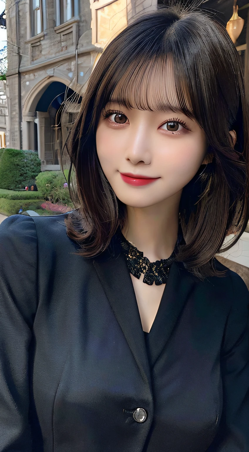 Best Quality, Real Stick, Ultra-detailed, finely detail, hight resolution, in 8K、Wallpaper, Perfect dynamic composition, Beautiful detailed eyes, Black jacket, Bob Hair, Medium hair, Bangs, A dark-haired, mid-chest, Natural Color Lip, Body orientation is front,Smile,Tower Mansion