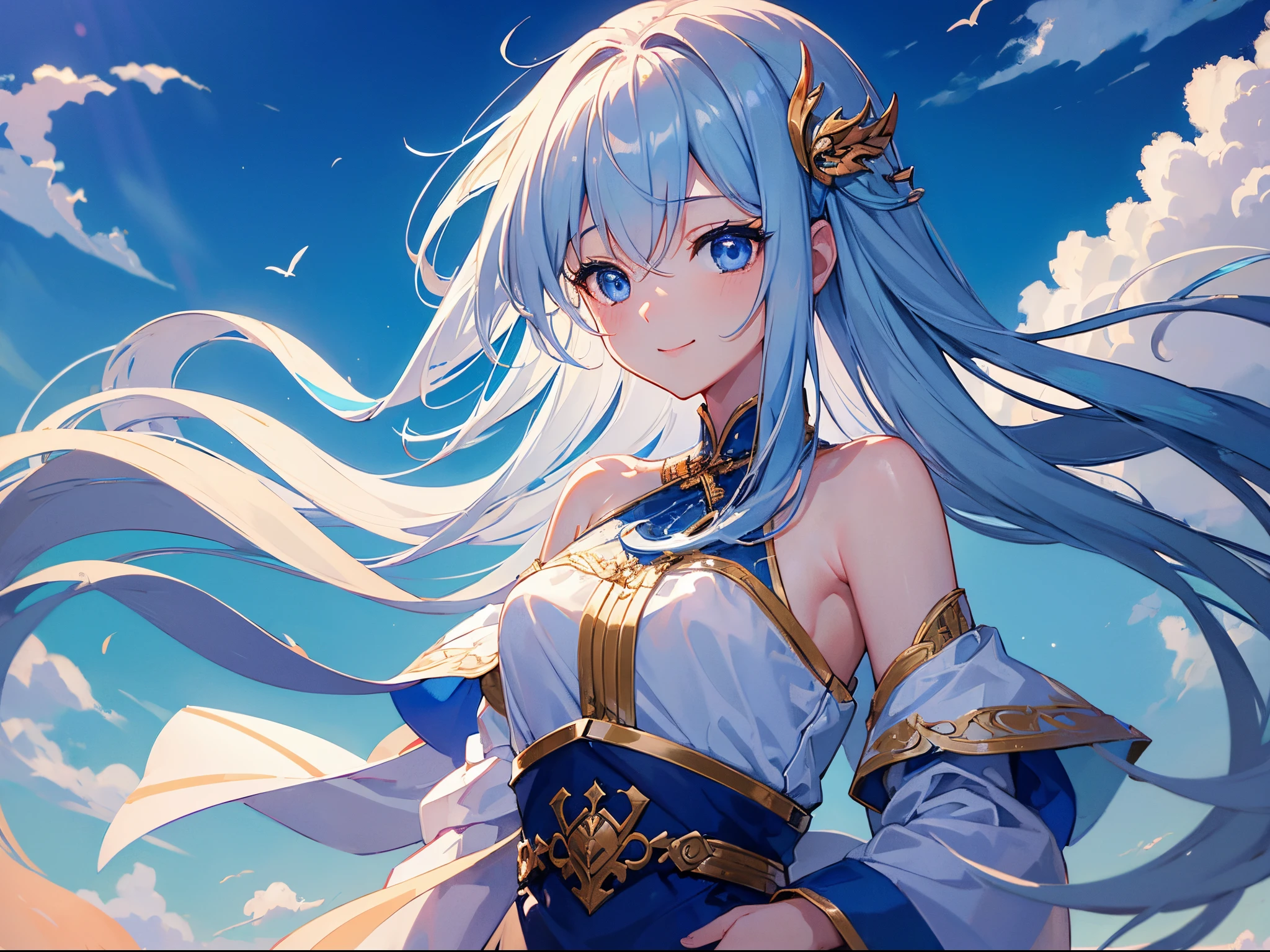 (((masterpiece)))、(((best quality)))、Girl flies in the sky、1人、Silvery hair、Blue eyes、Beautiful eyes、Shining eyes、a smile、girl with dragon wings、flying though the air、Beautiful sky、blue open sky、fantasy worlds、Beautiful lines、4k,8k,