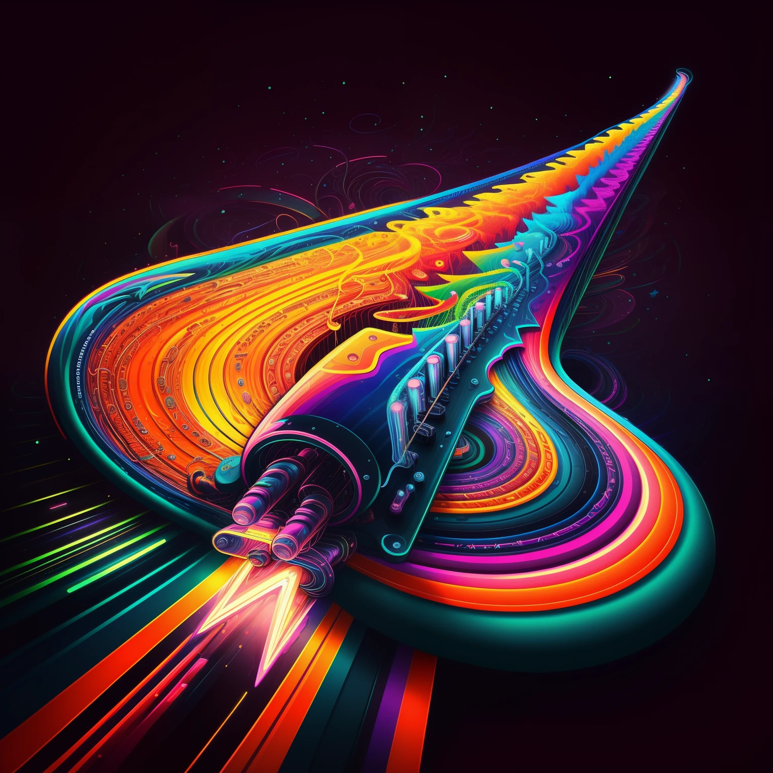 Electric guitar close-up,guitar,Musical notes,And a rainbow swirl, rainbow road, color highway, kilian eng bright colors, kilian eng bright colors, futuristic art style, Colorful concept art, colourful artwork, Silent rainbow tube, psychedelic illustrations, Colorful film art, Go beyond style and color, futuristic but colorful shading, outrun art style, stunning art style