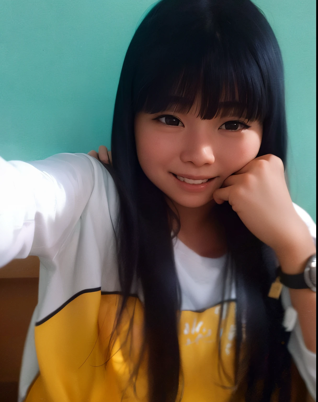 arafed asian woman with long black hair and a yellow shirt, potrait, real ungine, protrait, picture, comming, foto realistic, with a beautifull smile, old picture, friedly smile, :: morning, student, profile shot, dang my linh, beutiful, sweet smile, serena malyon, handsome girl