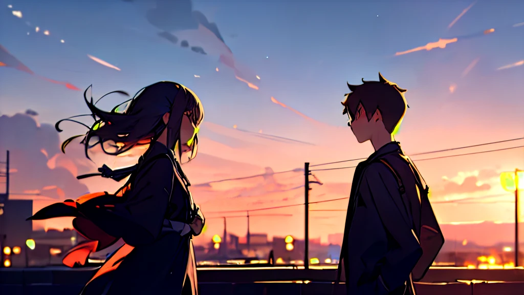 (masterpiece, best quality),1girl, 1boy, warm lighting, sky, blurry foreground