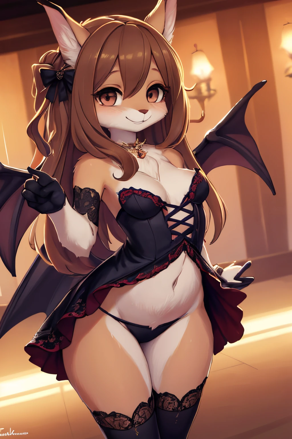 A charming and petite anthropomorphic female bat with wings dressed for the club. She has long and luxurious hair that is curled in a glamorous way. She is swaying on the dance floor and inviting you to join her with a sweet smile and a gentle touch. She is looking happy with dreamy brown eyes that shimmer with love. The art should have an anime flair to it, with soft colors and lovely details. The point of view is from your perspective, as if you are holding her and feeling her warmth. Bodyfur