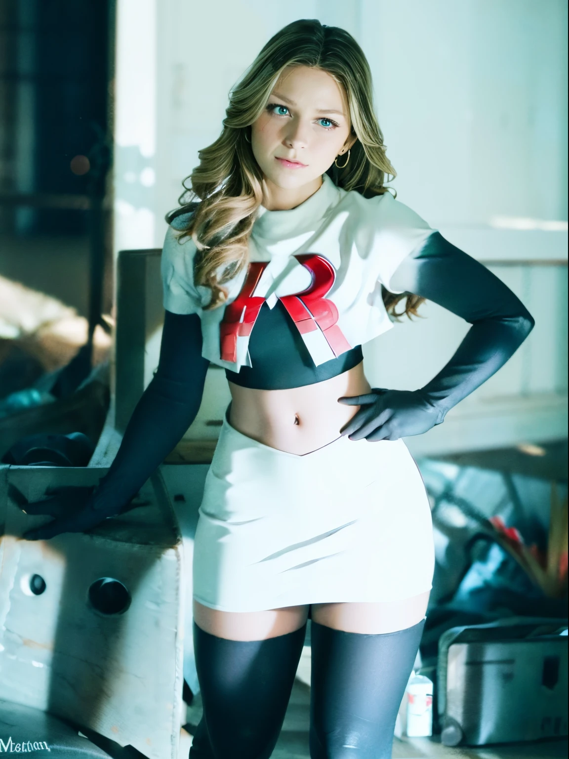 face of melissa benoist, 1girl,team rocket,team rocket uniform, red letter R, white skirt,white crop top,black thigh-highs,black elbow gloves