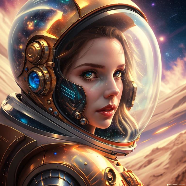 a woman in a space suit with a gold helmet, portrait armored astronaut girl, beautiful woman in spacesuit, misting away particles of her suit, karol bak uhd, portrait beautiful sci - fi girl, wojtek fus, beautiful digital artwork, fantasy art behance, 8k stunning artwork, cyborg goddess in cosmos, 4k highly detailed digital art, artgerm julie bell beeple
