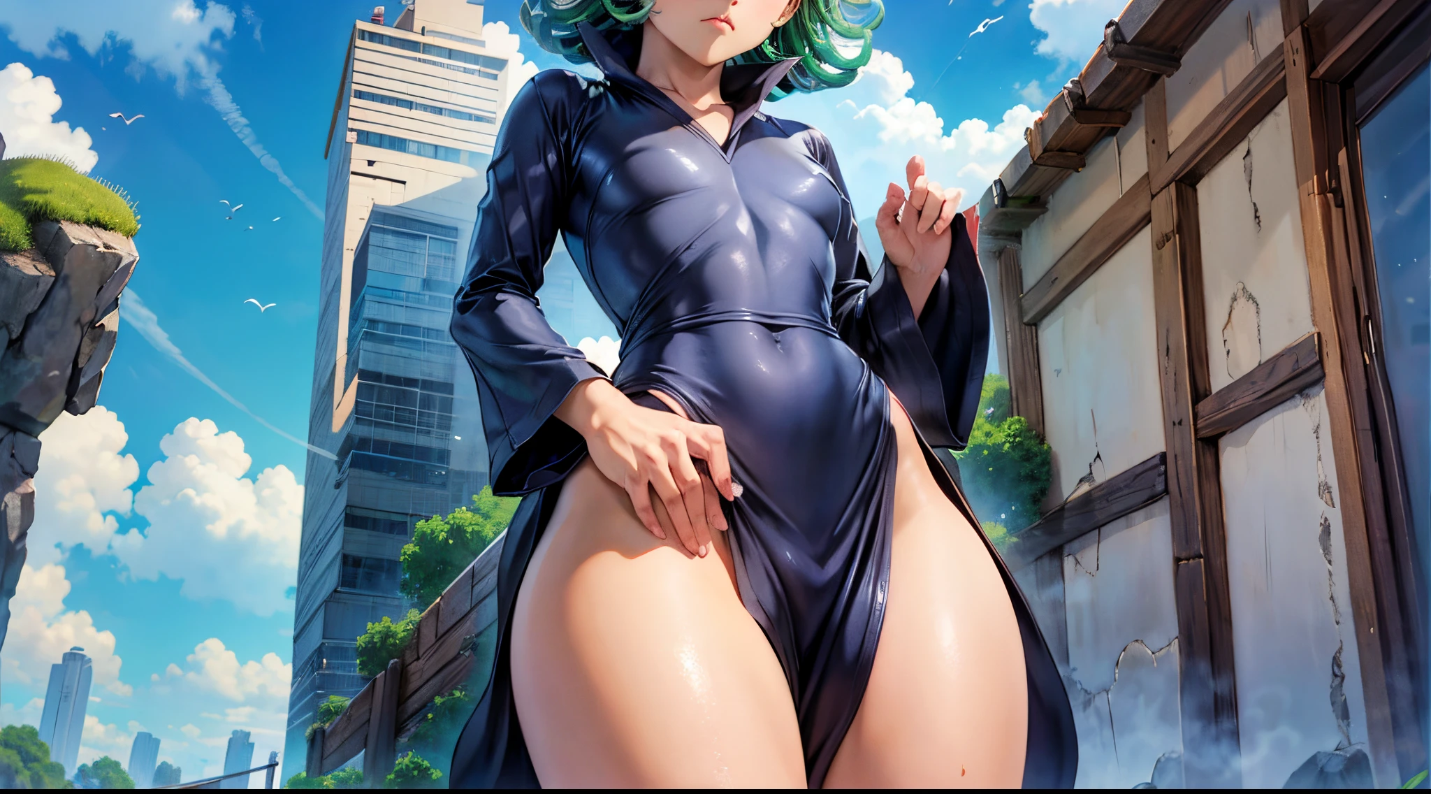 (masterpiece, best quality: 1.2), cowboy shot, solo, 1girl, (tatsumaki), angry, mouth shut, looking at the viewer, arms crossed, black dress, blue sky, clouds, wide hip, thick thighs, defined body, perfect beautiful body, perfect beautiful ass, micro white panties insert in the crotch.