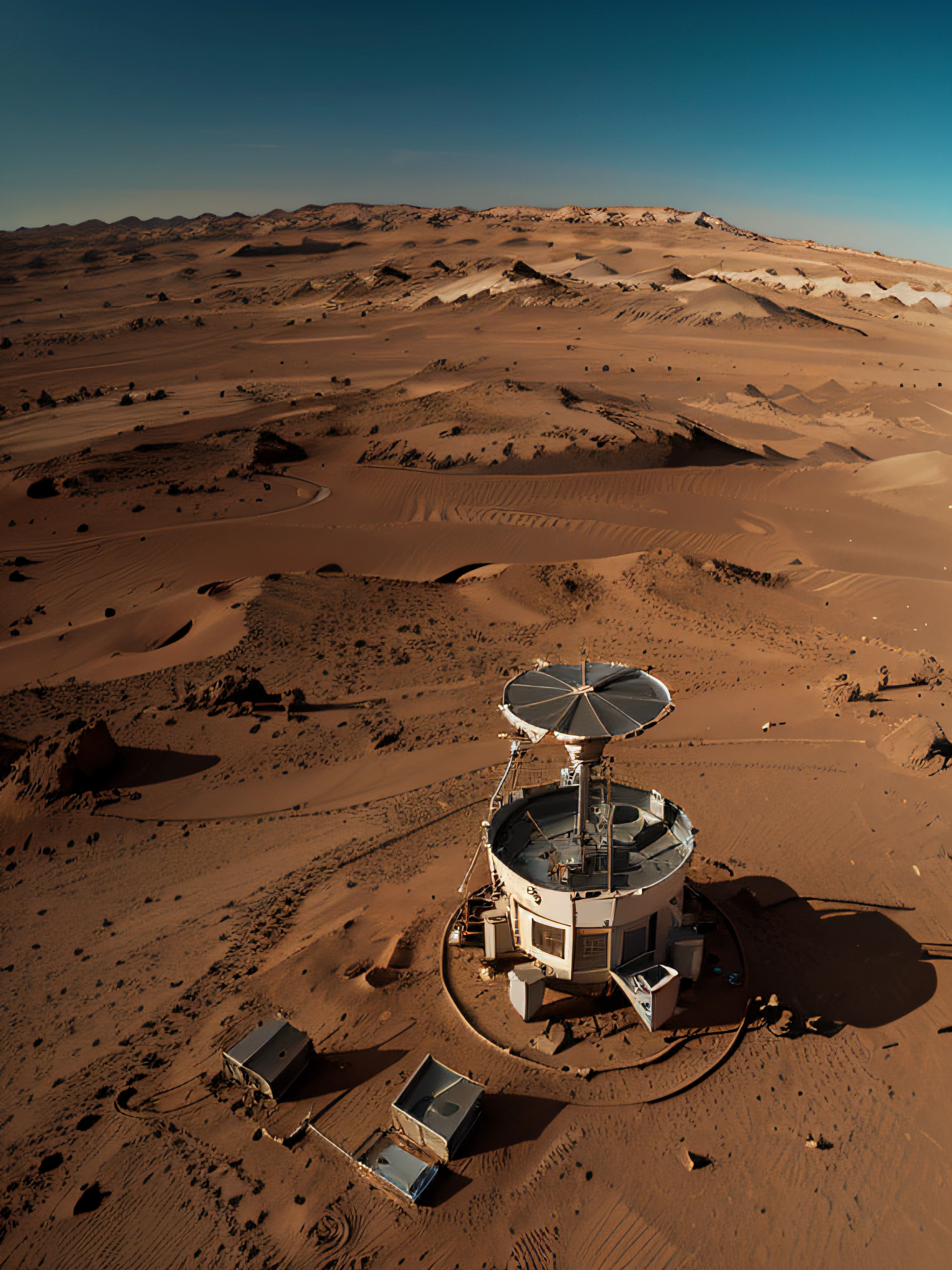 Mars weather station, lifelike details, ultra-realistic, bright picture, ultra-wide angle, bird's-eye view, high reality, light and dark