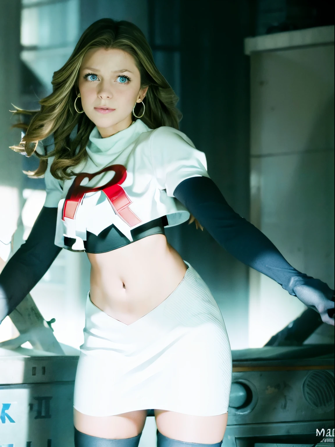 face of melissa benoist, 1girl,team rocket,team rocket uniform, red letter R, white skirt,white crop top,black thigh-highs,black elbow gloves