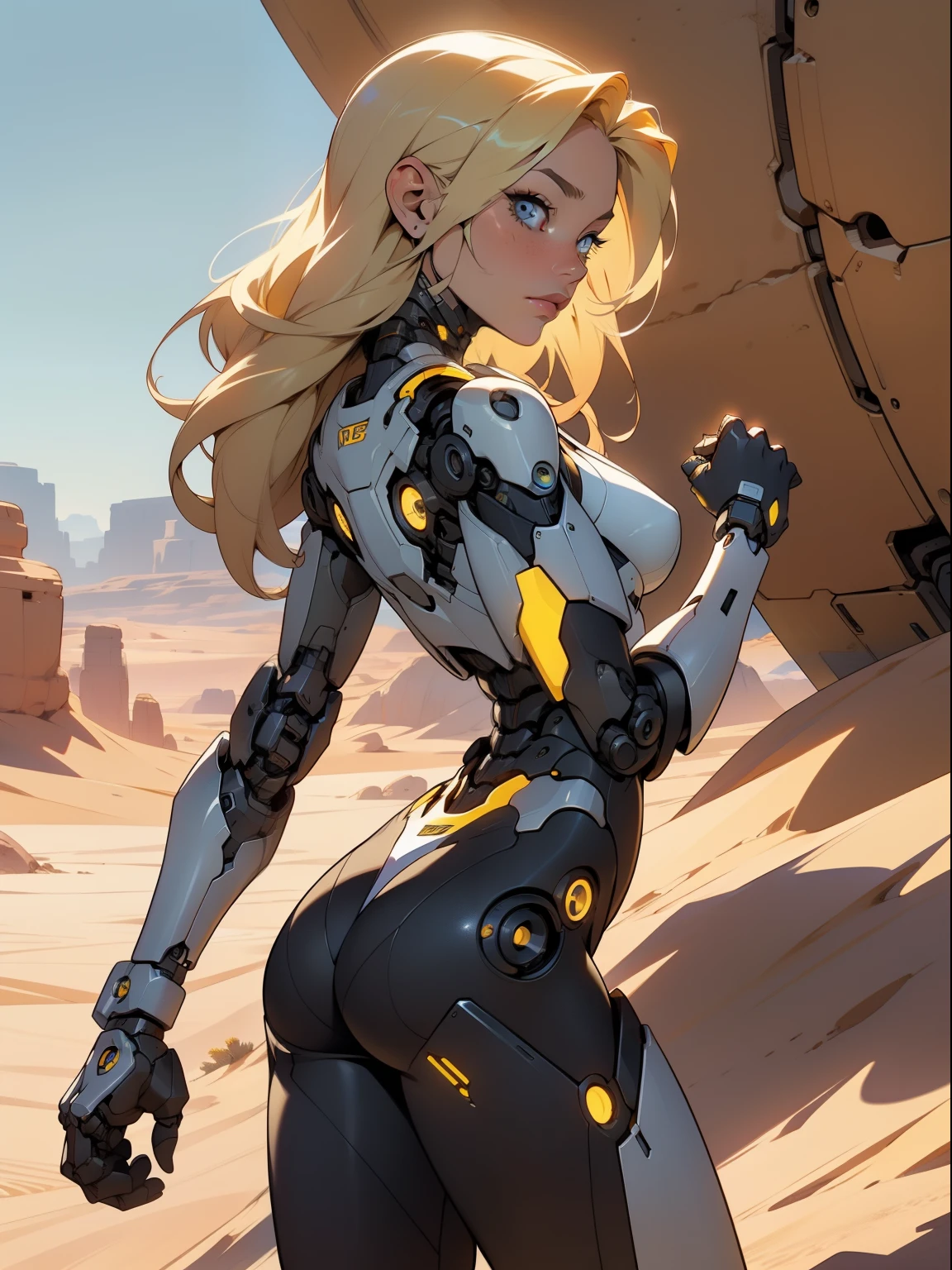 high quality, 4k, masterpiece, beautiful, cyborg girl, cowboy shot, dull eyes, back side, turning around to look at viewer, long blonde hair, girl, small breasts, fit thigh, robotic arms, robotic body, cyborg body, yellow accent, redaccent, intricate detail, joint, detailed lines, robotic detail, holding fist up, holding hand up as fist, color robotic parts, robotic parts with color, perfect fingers, on a desert planet, sunny background, colorful desert,