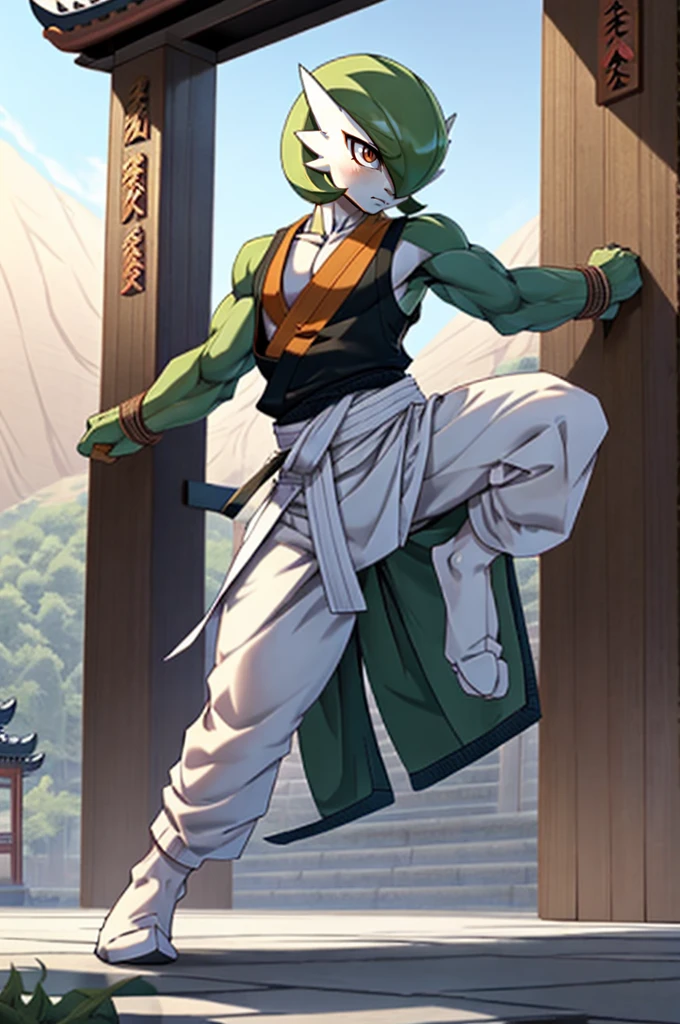masterpiece, best quality, full body, Solo, male focus, (androgynous), furry, (Gardevoir)), ((pokemon)), (sweater tank top), (gi), (Shaolin kung fu),