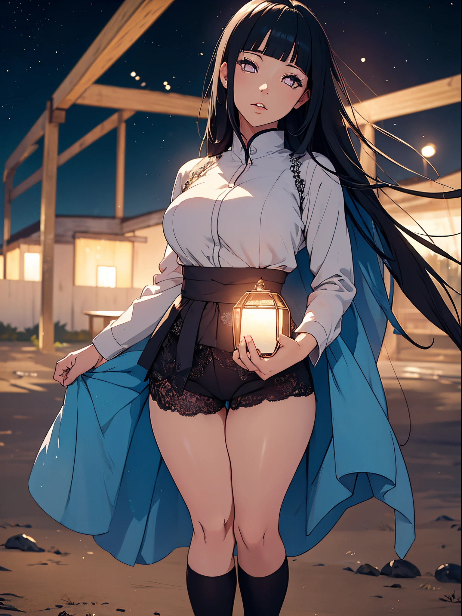 Hinata Hyuuga, Detailed white eyes, promiscuous face showing tongue, thick lips, small mouth, lace shirt, small round breasts, thick ripped legs, big ass, full body, very short shorts punched, {extremely 16k CG unit wallpaper detailed}, expansive landscape photography, (a low view focusing on the character and setting), (wide open field view), (low angle shot), (high light: 1.6), (low light: 1.4) , (warm light source: 1.0), intricate details, (iridescent colors: 1.2), (bright lighting), (atmospheric lighting), dreamy, unique, sexy sensual