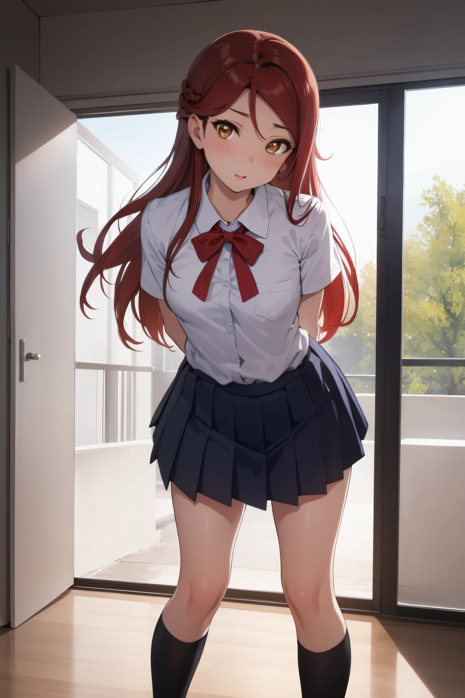 rikosakurauchi, riko sakurauchi, (brown eyes:1.5), hair between eyes, long hair, (red hair:1.5), (small breast:1.2), 
BREAK skirt, shirt, ribbon, school uniform, white shirt, short sleeves, pleated skirt, shoes, socks, blue skirt, white socks, collared shirt, red ribbon,
BREAK looking at viewer, standing, (leaning forward:1.2), (arms behind back:1.2),
BREAK indoors, classroom, 
BREAK (masterpiece:1.2), best quality, high resolution, unity 8k wallpaper, NSFW,(illustration:0.8), (beautiful detailed eyes:1.6), extremely detailed face, perfect lighting, extremely detailed CG, (perfect hands, perfect anatomy),