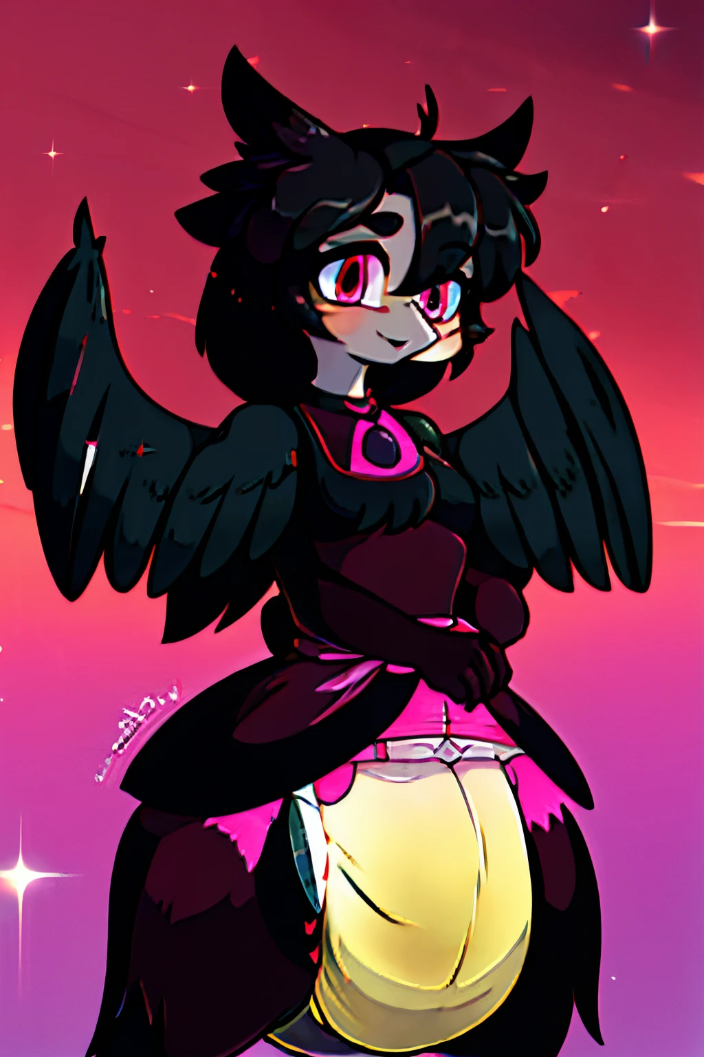 16k, HD, Professional, Highly Detailed, ((Masterpiece: 0.3)), (((High Quality))), Ultra-detailed face, Highly Detailed Lips, Detailed Eyes, full body, crow girl, black feathers, pink eyes, beak, black feathers, dress, diaper, black wings
