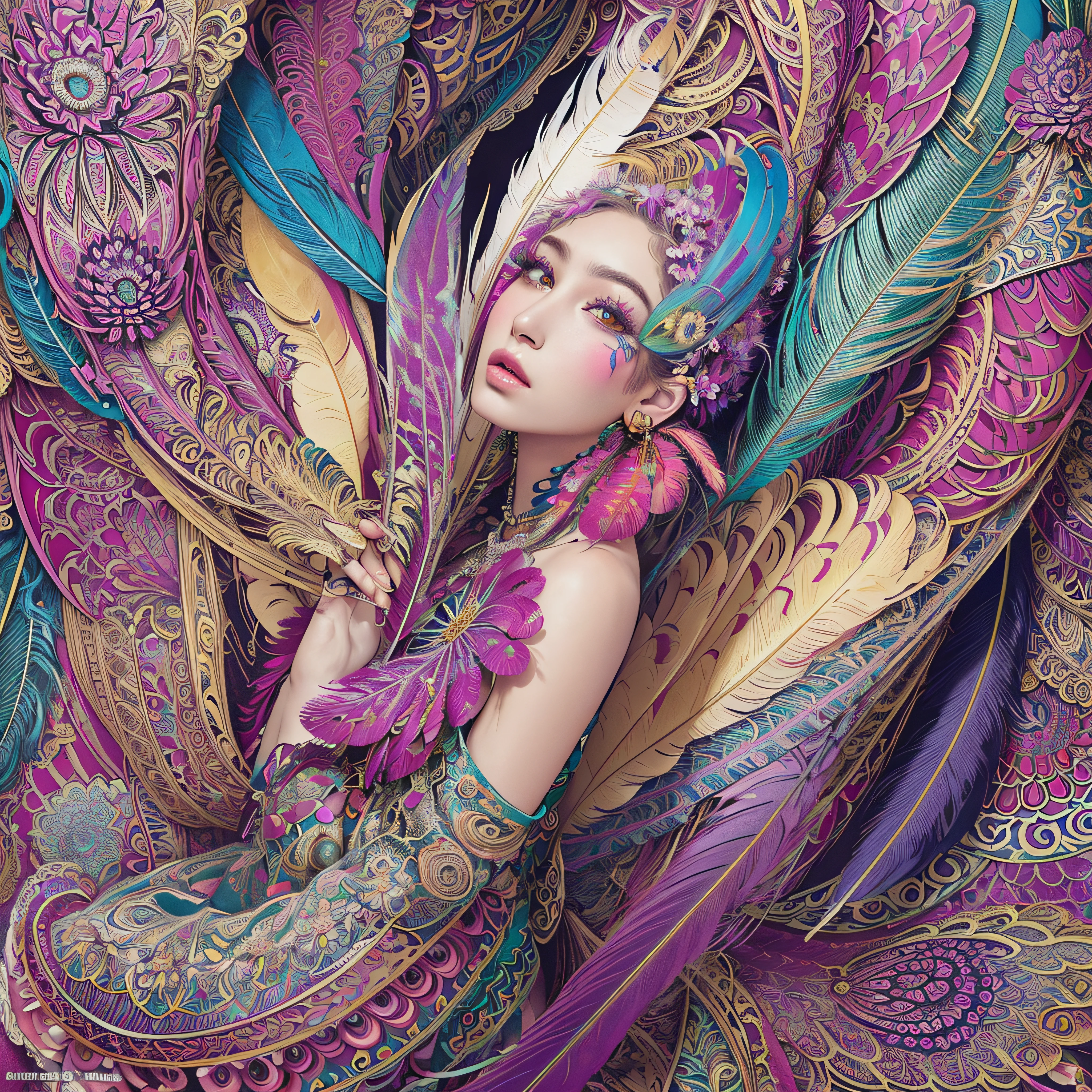 (masterpiece, top quality, best quality, official art, beautiful and aesthetic:1.2), (1girl:1.3), extremely detailed,(fractal art:1.1),(colorful:1.1)(flowers:1.3),highest detailed,(zentangle:1.2), full body, (abstract background:1.3), (shiny skin), (many colors:1.4), ,(earrings), (feathers:1.5),