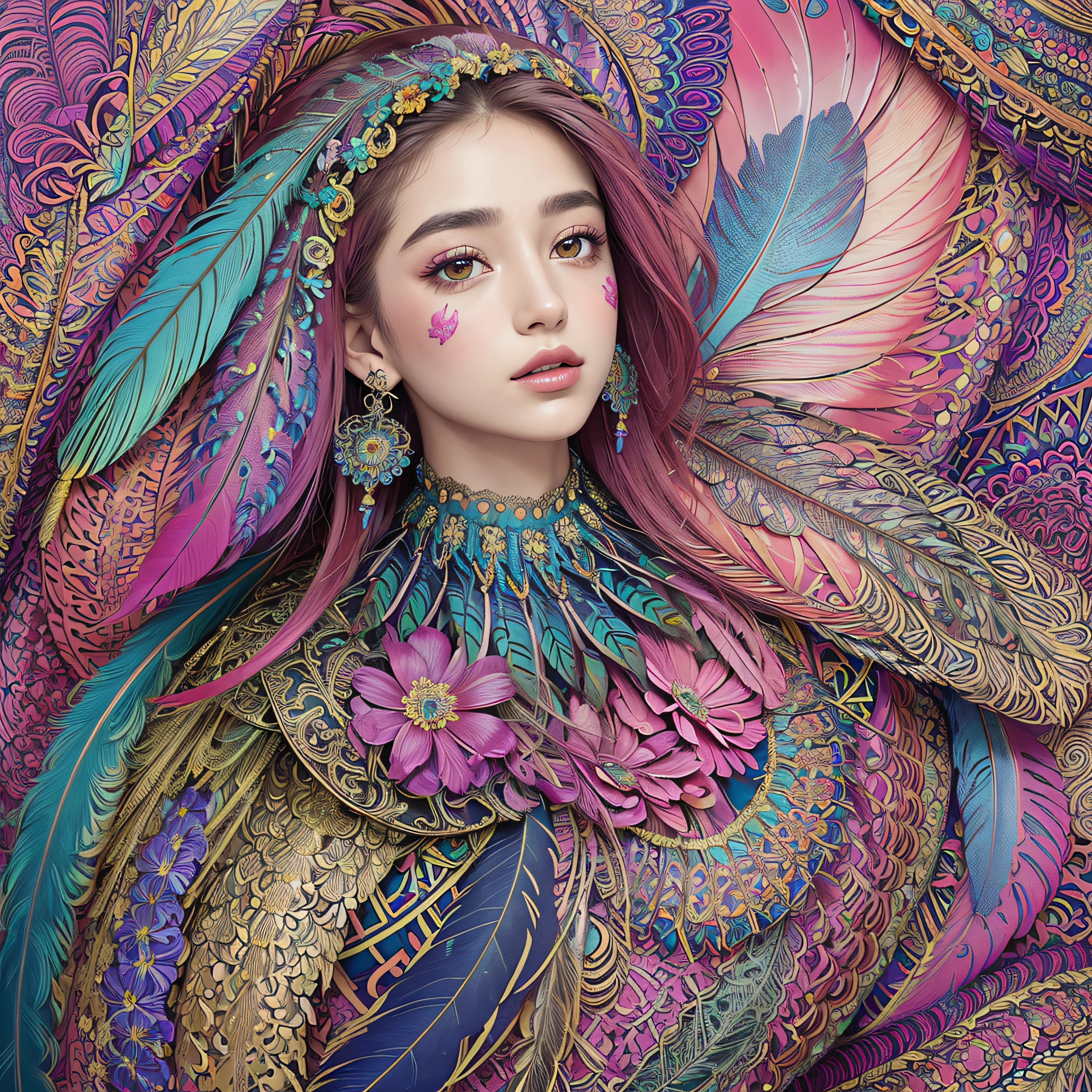 (masterpiece, top quality, best quality, official art, beautiful and aesthetic:1.2), (1girl:1.3), extremely detailed,(fractal art:1.1),(colorful:1.1)(flowers:1.3),highest detailed,(zentangle:1.2), full body, (abstract background:1.3), (shiny skin), (many colors:1.4), ,(earrings), (feathers:1.5),