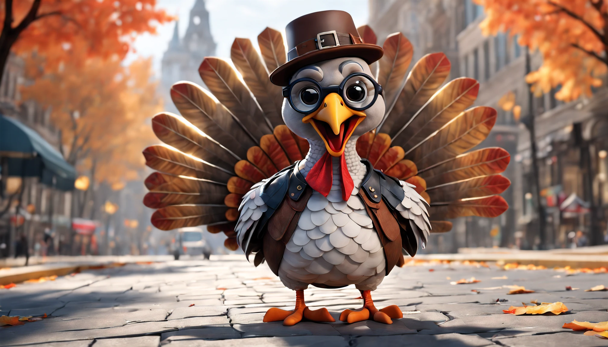 (top-quality,8K,32K,masterpiece,UHD:1.3),ultra high res,(Photorealsitic:1.4)),intricate details, Craft a perfect 3D animation style image featuring a cute stylish turkey. solo,Picture the turkey wearing pilgrim outfits, cool sunglasses, and (footwear). Capture the attitude of this cute stylish character, with its hands casually tucked inside pant pockets. Encourage artists to bring the perfect blend of style and animation to life in a visually striking composition that showcases the character's cool and fashionable persona. Thanksgiving town background